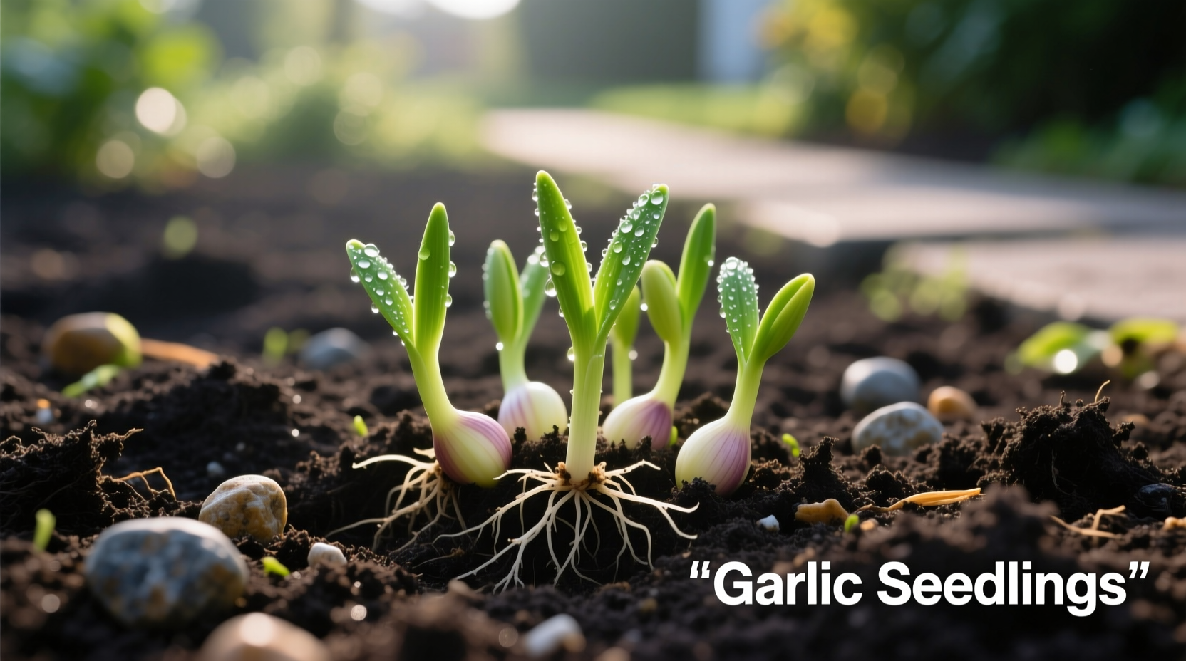 Garlic seedlings growing in garden soil