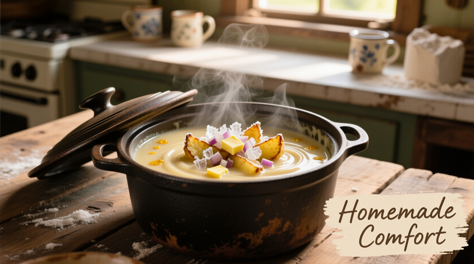 Crock pot filled with creamy potato soup and frozen hash browns