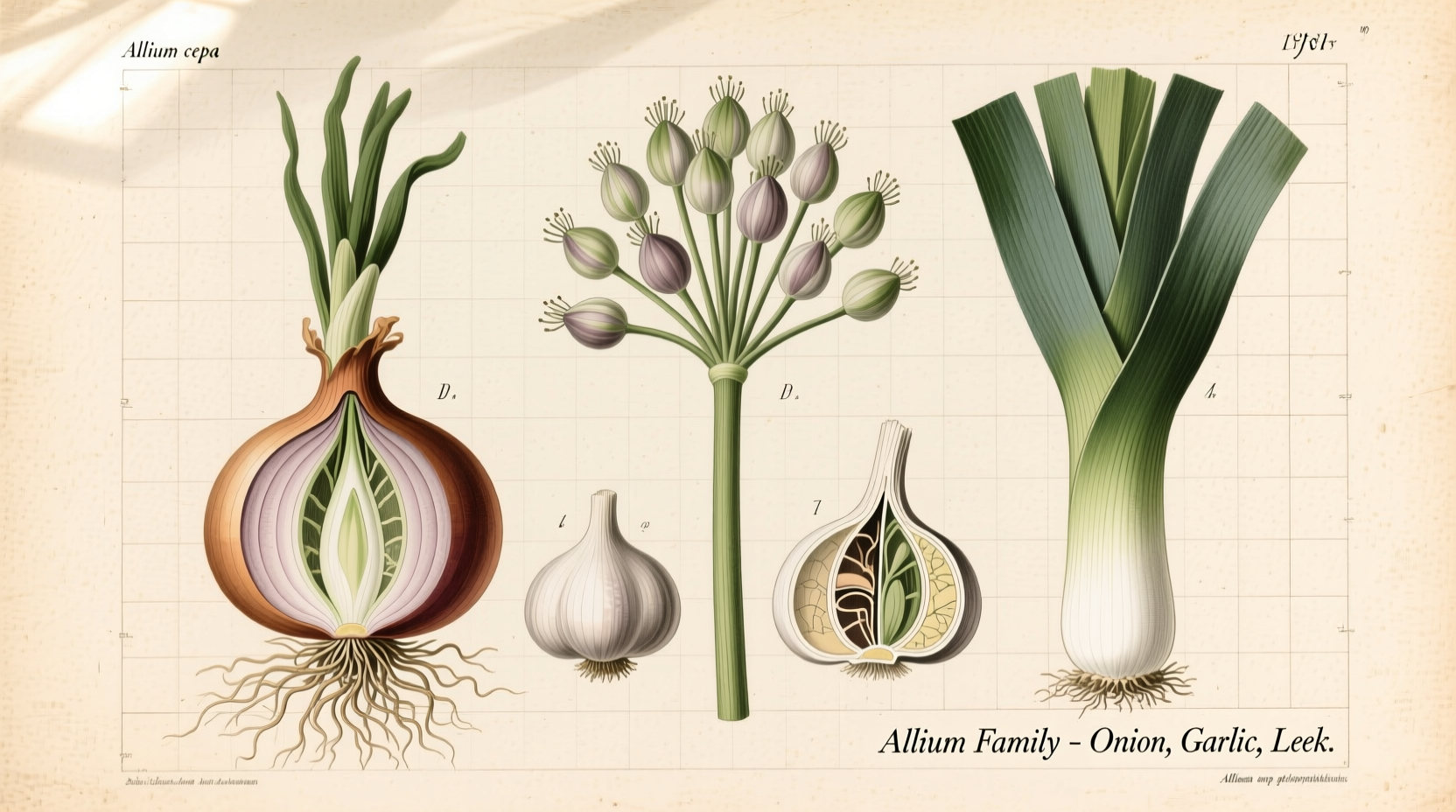 Allium family plants including onion, garlic, and leek