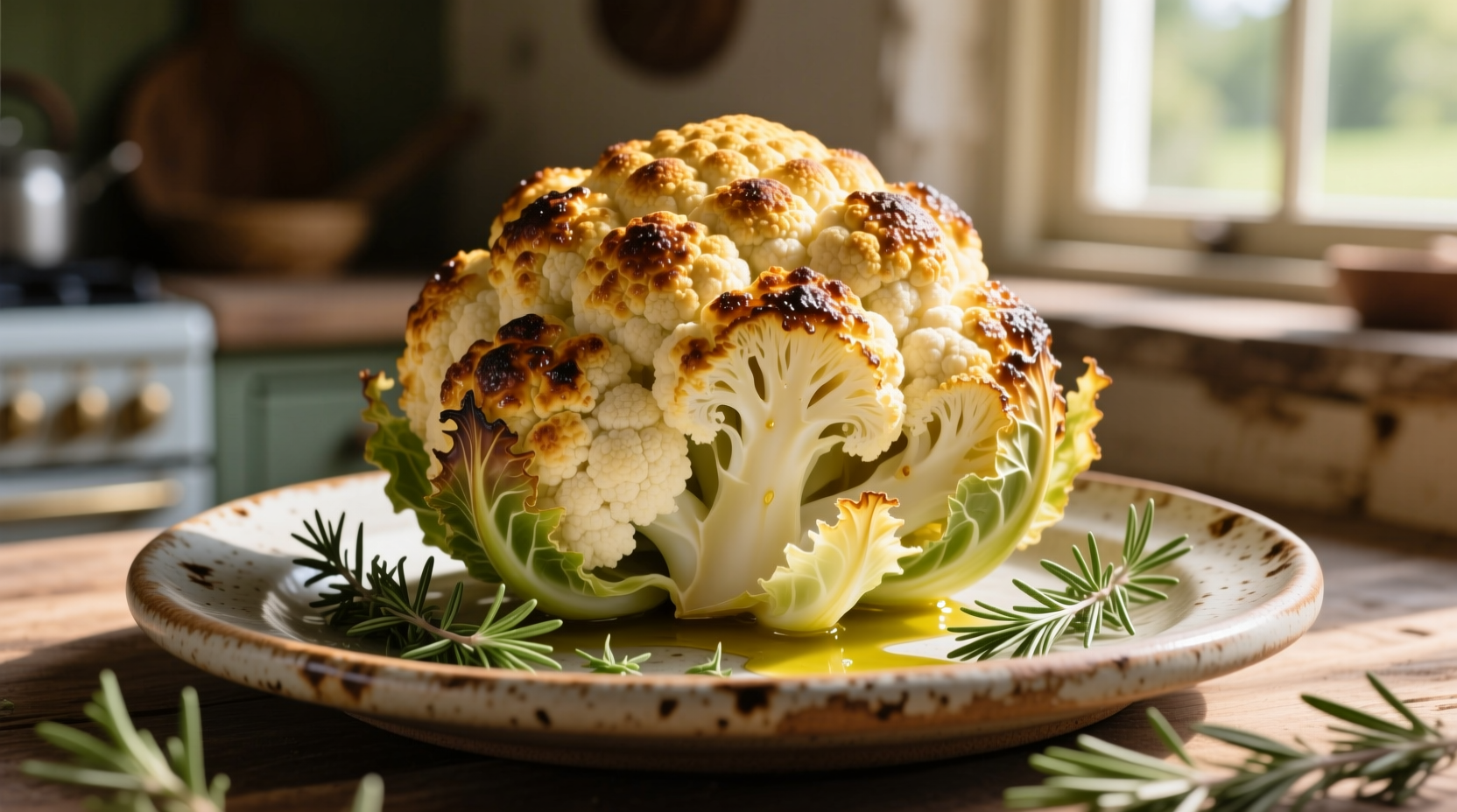 Golden roasted whole cauliflower on ceramic platter