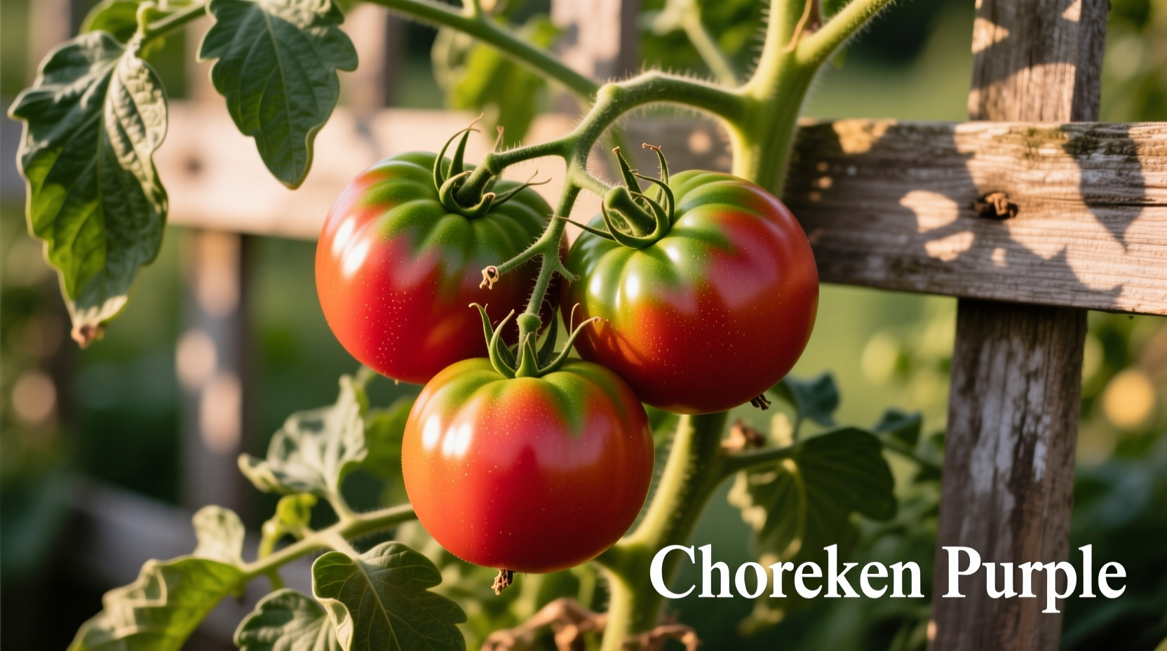 Ripe Cherokee tomatoes on vine with distinctive green shoulders