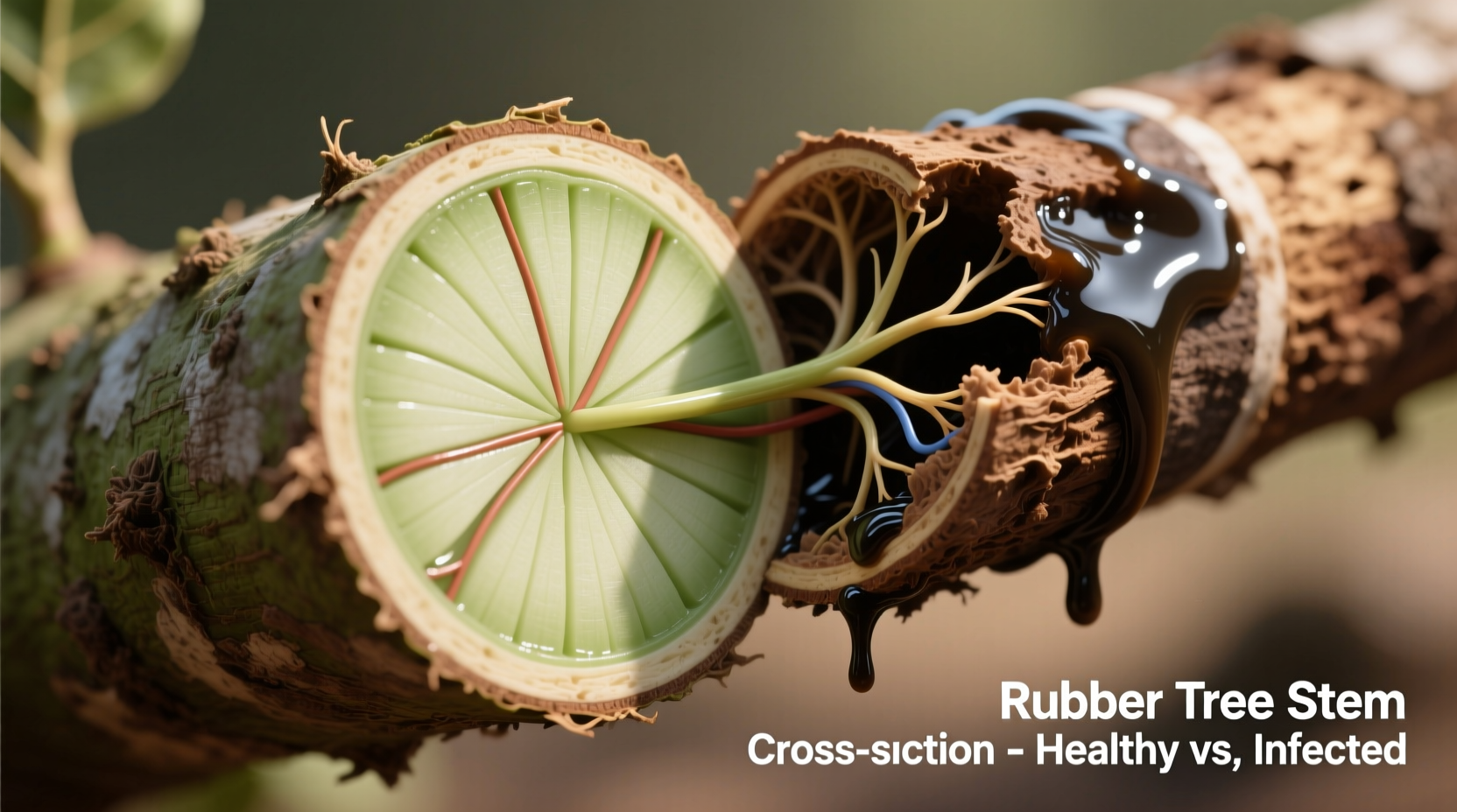Close-up cross-section of a healthy rubber tree stem (firm, pale green pith) beside an infected stem (brown, waterlogged, collapsing under gentle pressure)