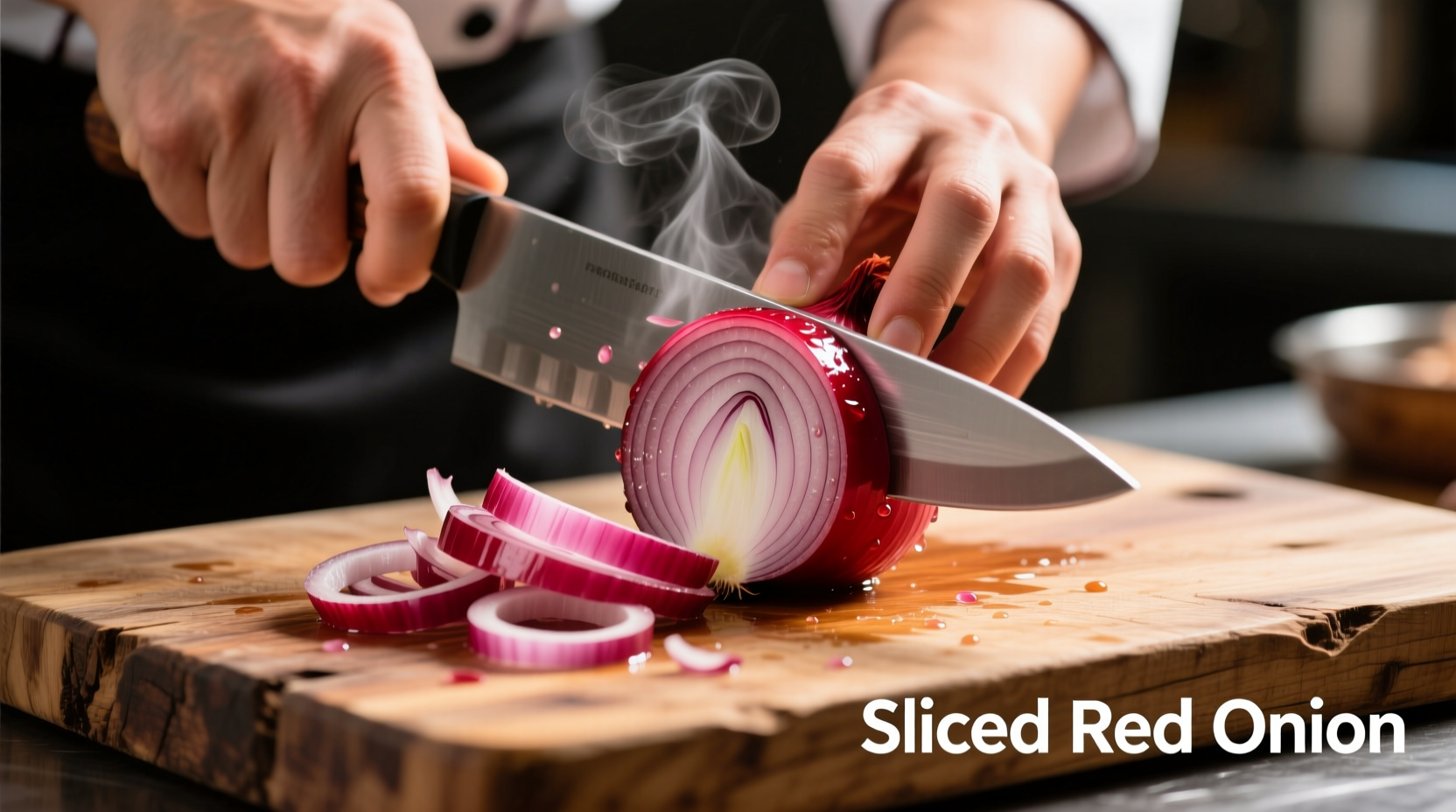 Chef slicing vibrant red onion on wooden cutting board
