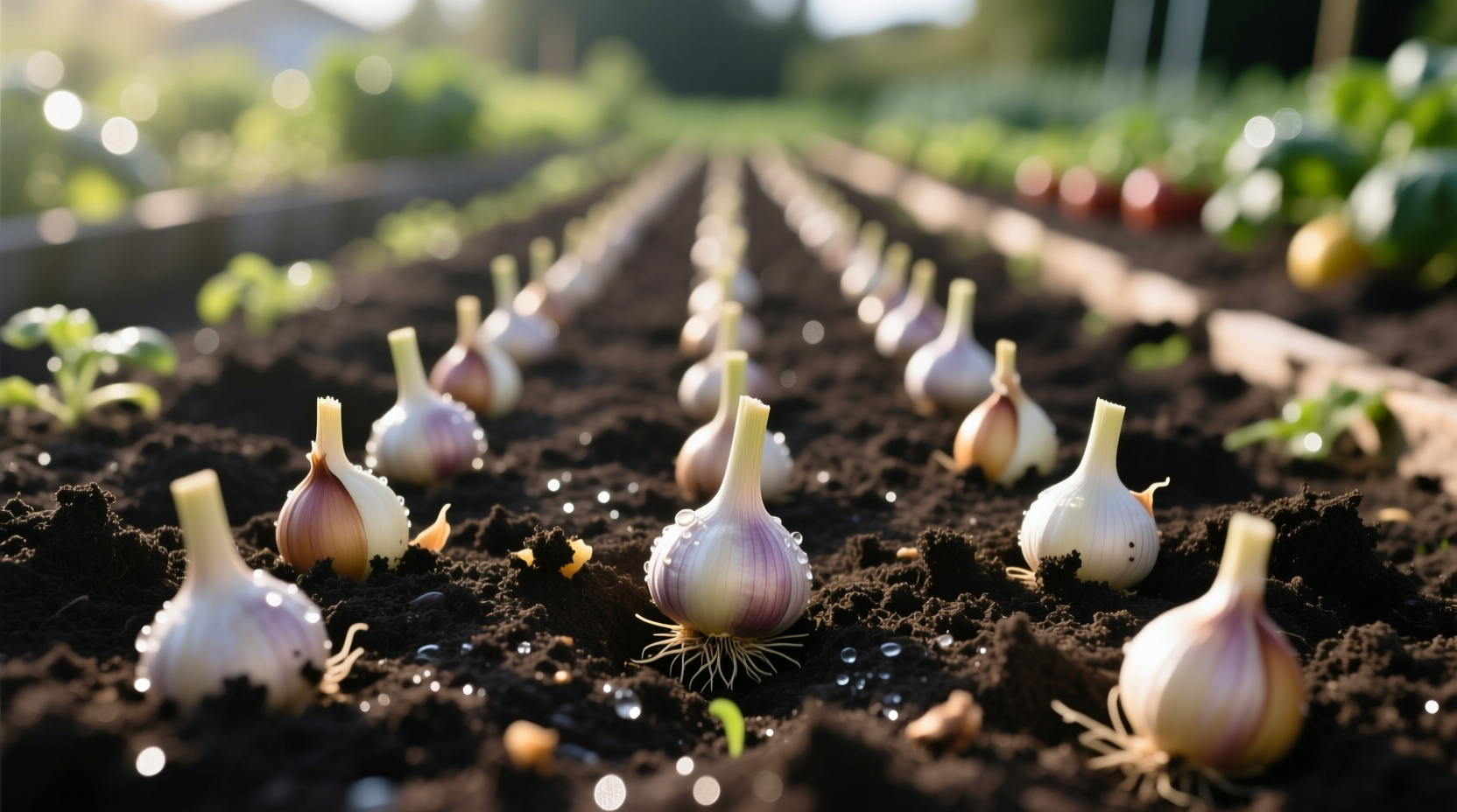 Garlic cloves properly planted in garden soil with spacing