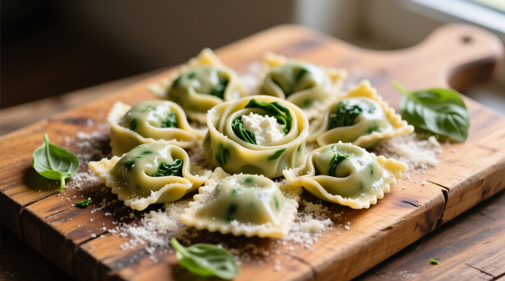 Homemade spinach and ricotta tortellini on wooden board