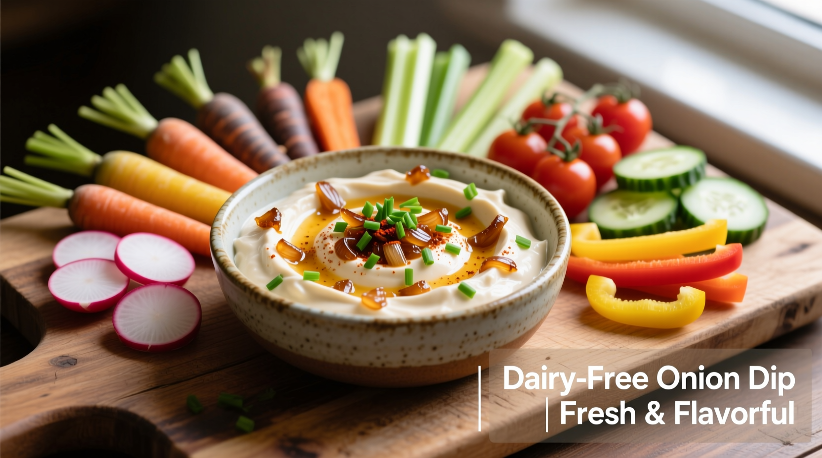 Creamy dairy-free French onion dip with fresh vegetable dippers