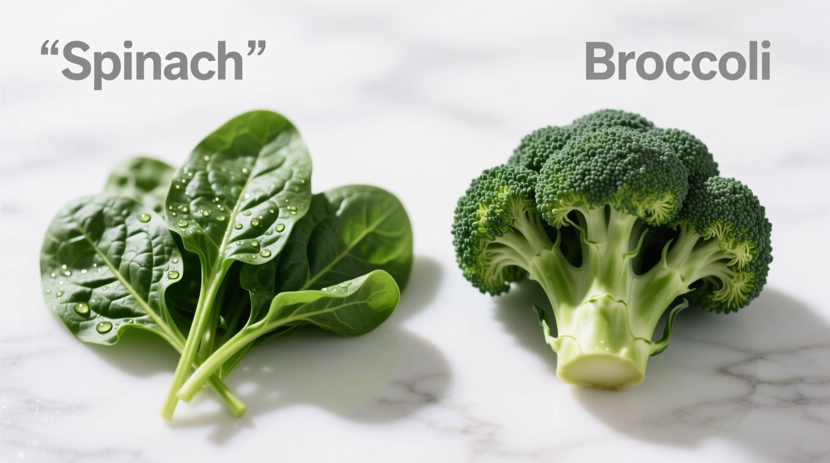 Side-by-side comparison of spinach leaves and broccoli florets