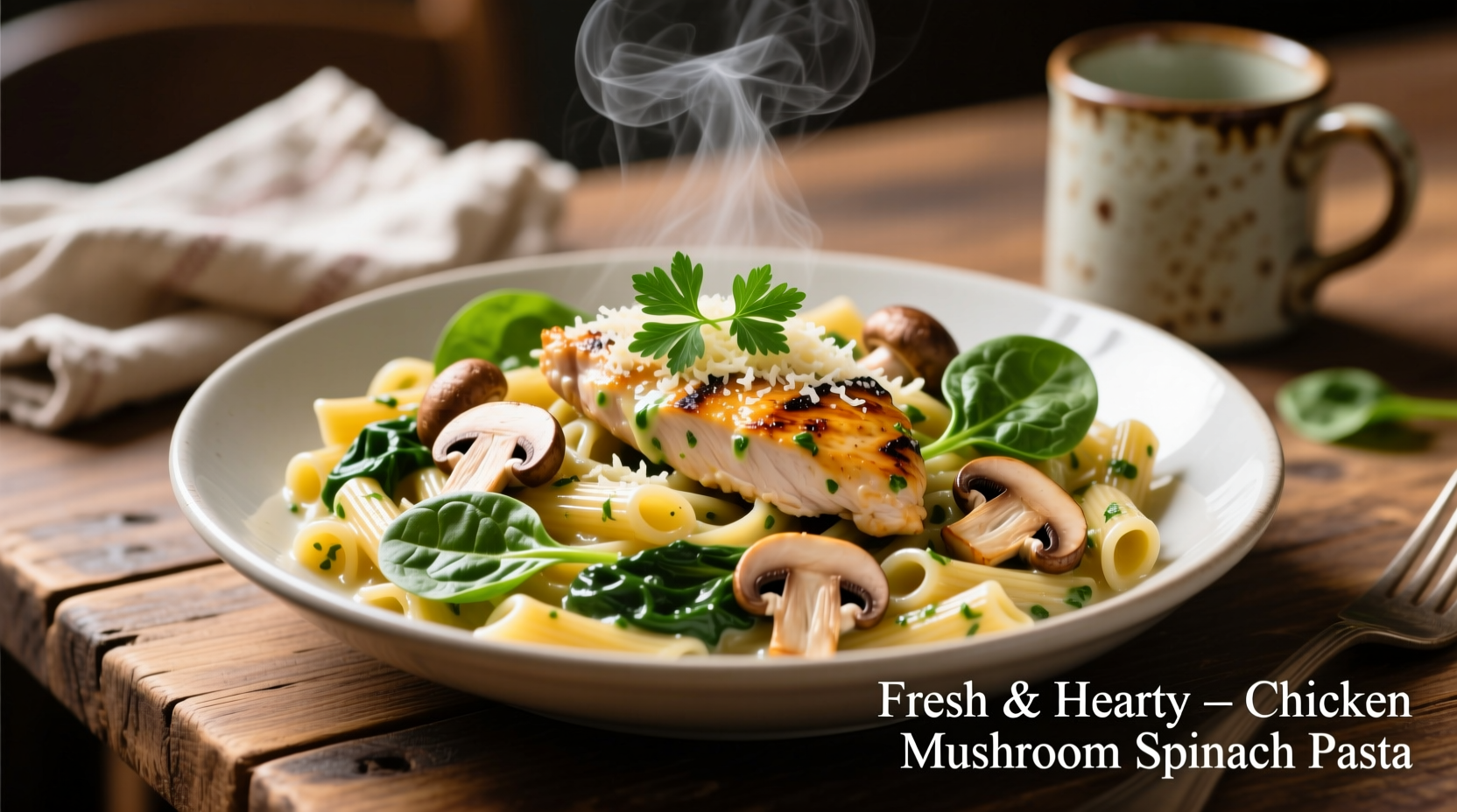 Perfect Chicken Mushroom Spinach Pasta in 20 Minutes