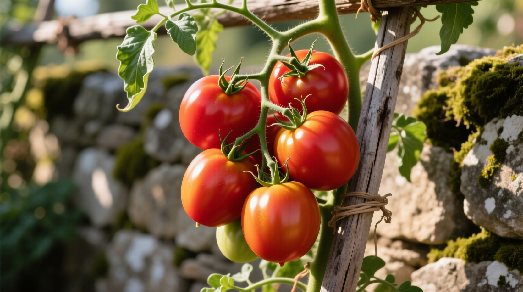 Ripe roman tomatoes on vine with characteristic oblong shape