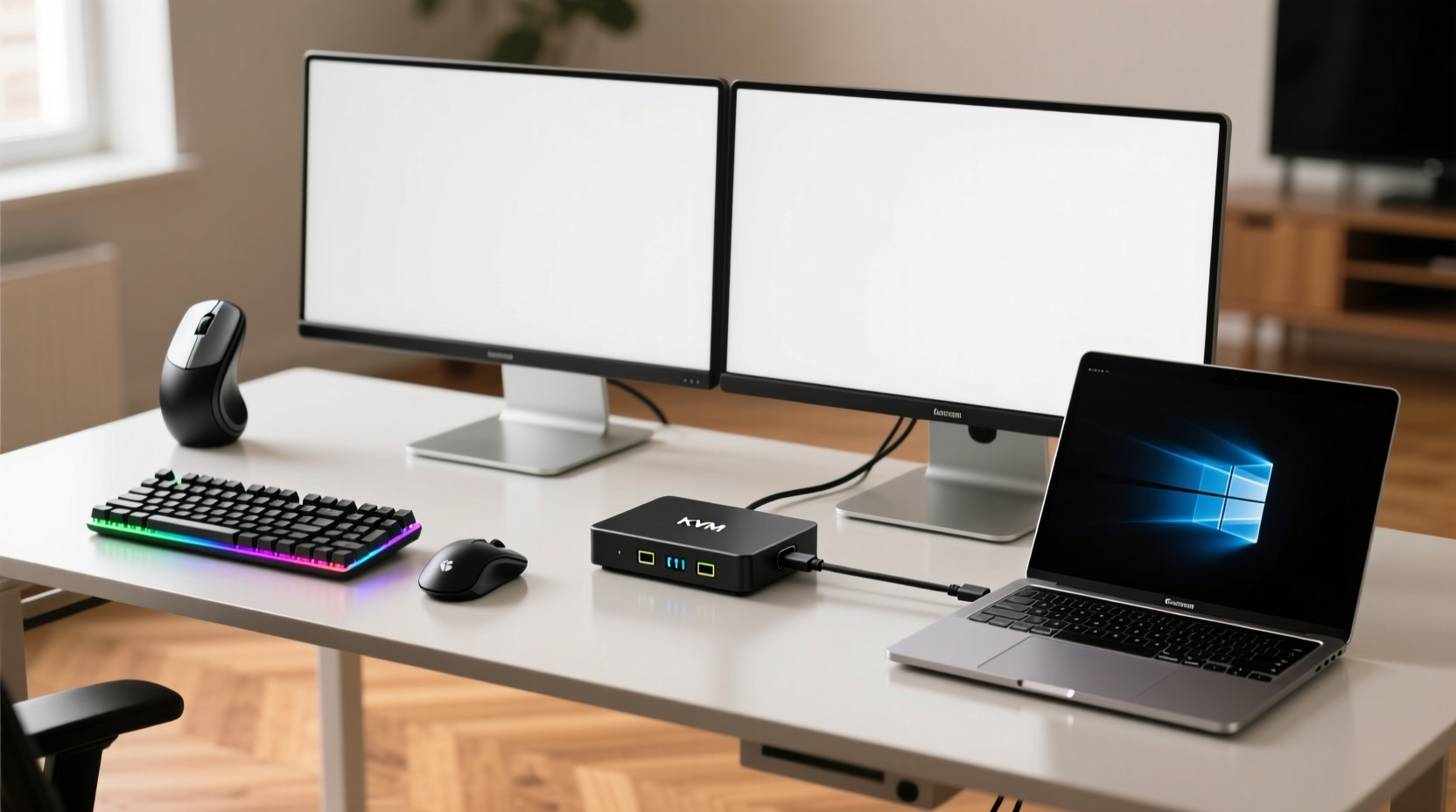 A clean dual-monitor desk with a compact KVM switch centrally positioned, connecting a MacBook Pro, Windows laptop, mechanical keyboard, vertical mouse, and single USB-C cable running to each device—no dangling adapters or dongles visible