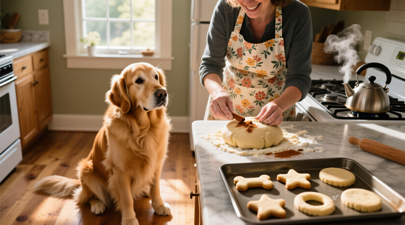 Dog watching owner prepare homemade biscuits
