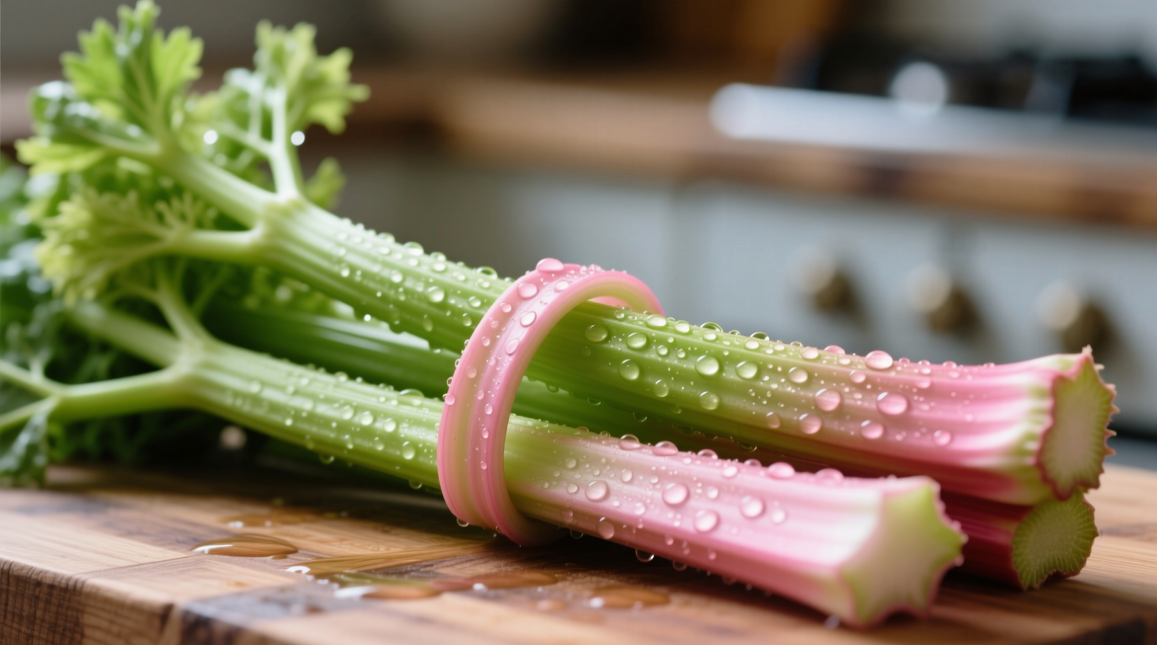 Close-up of green celery stalks next to pink rhubarb