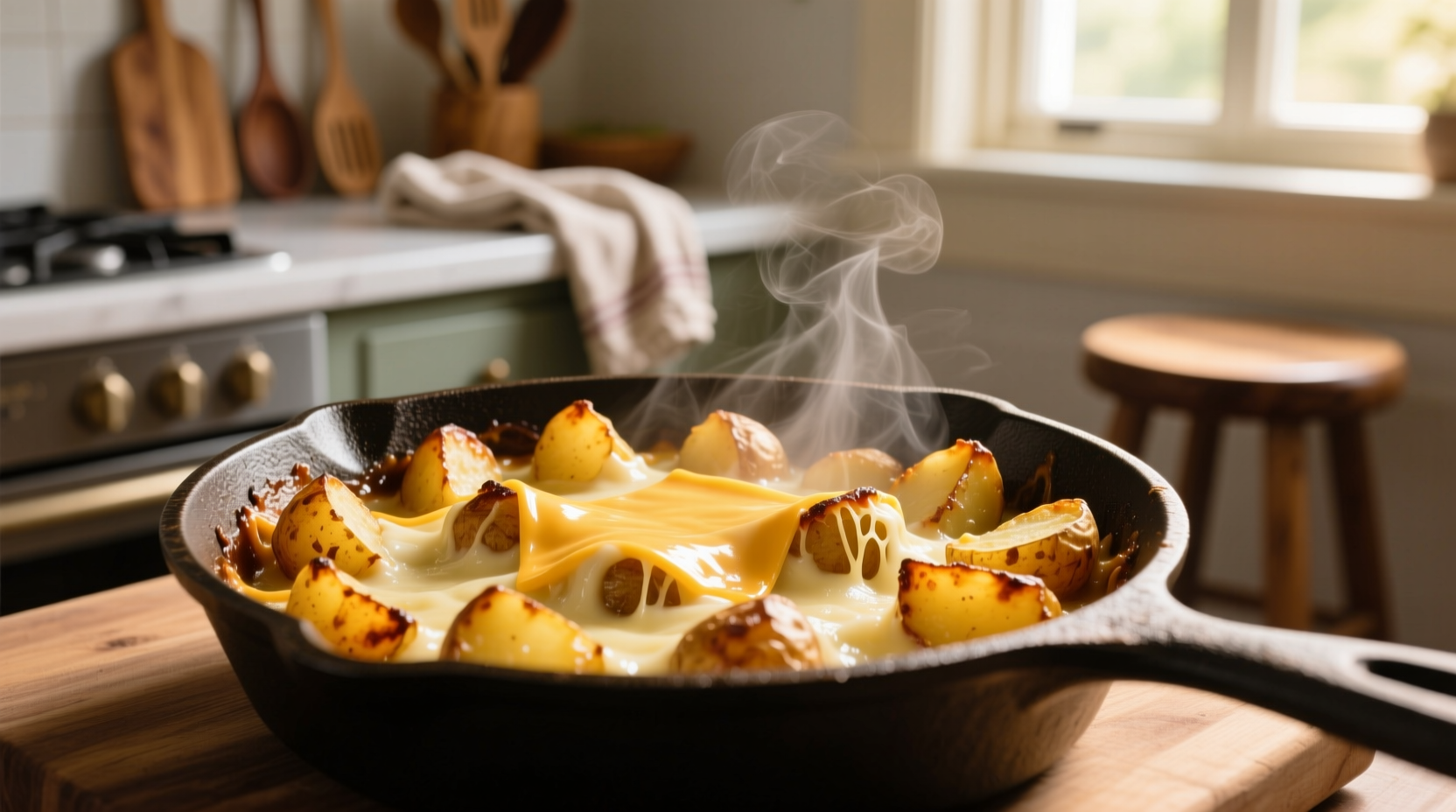 Golden cheesy potatoes in cast-iron skillet