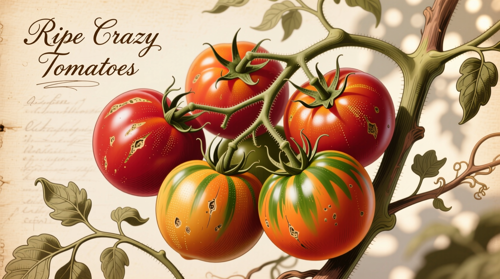 Ripe Crazy Tomatoes on vine showing color variations