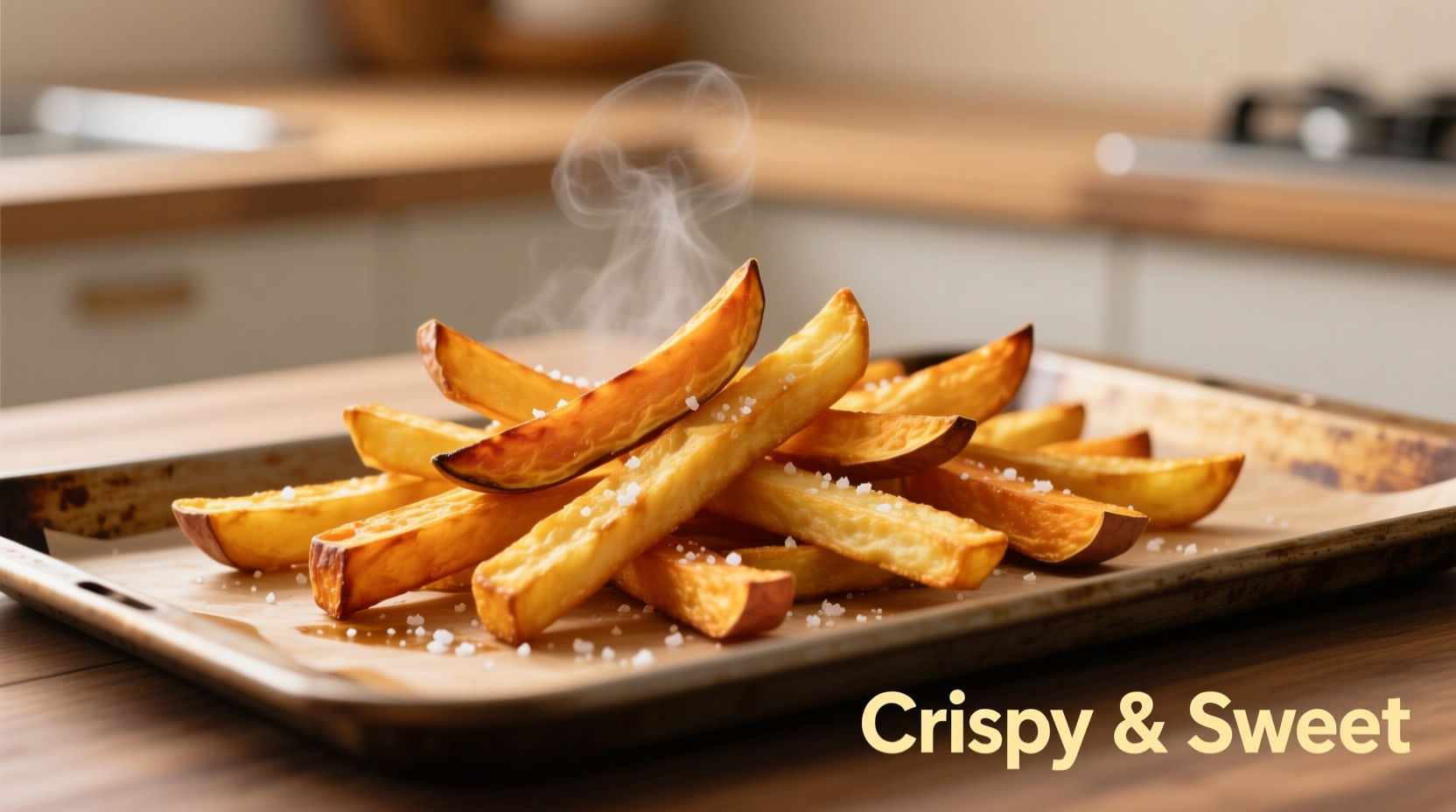 Perfectly golden sweet potato fries on baking sheet