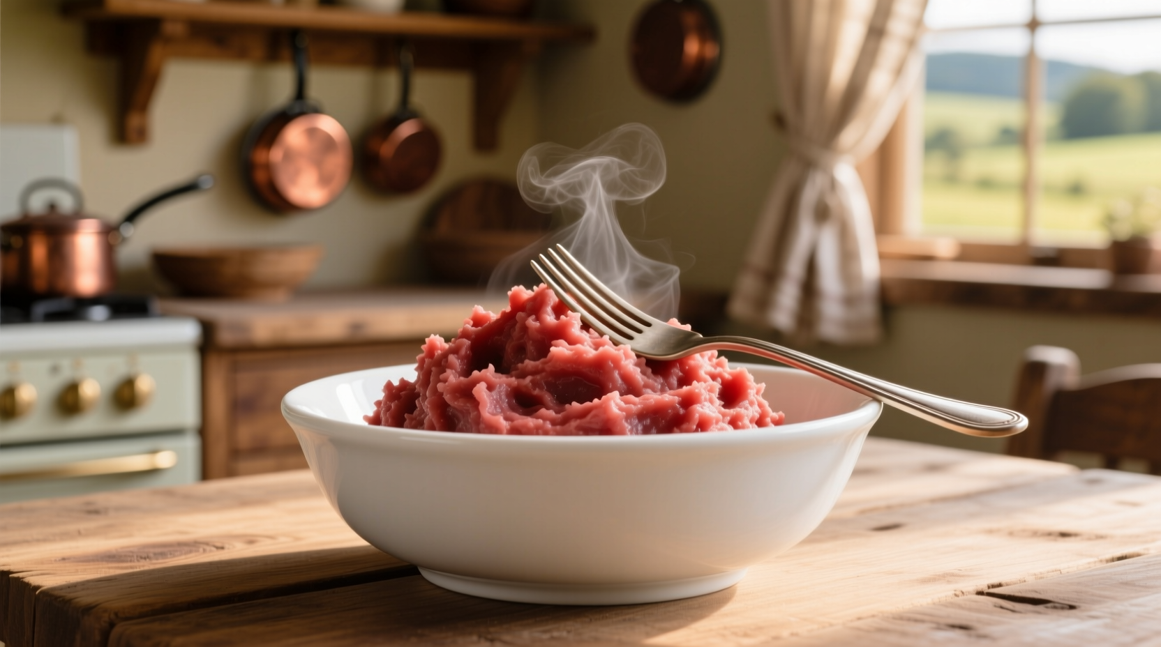 Creamy red potato mashed potatoes in white bowl