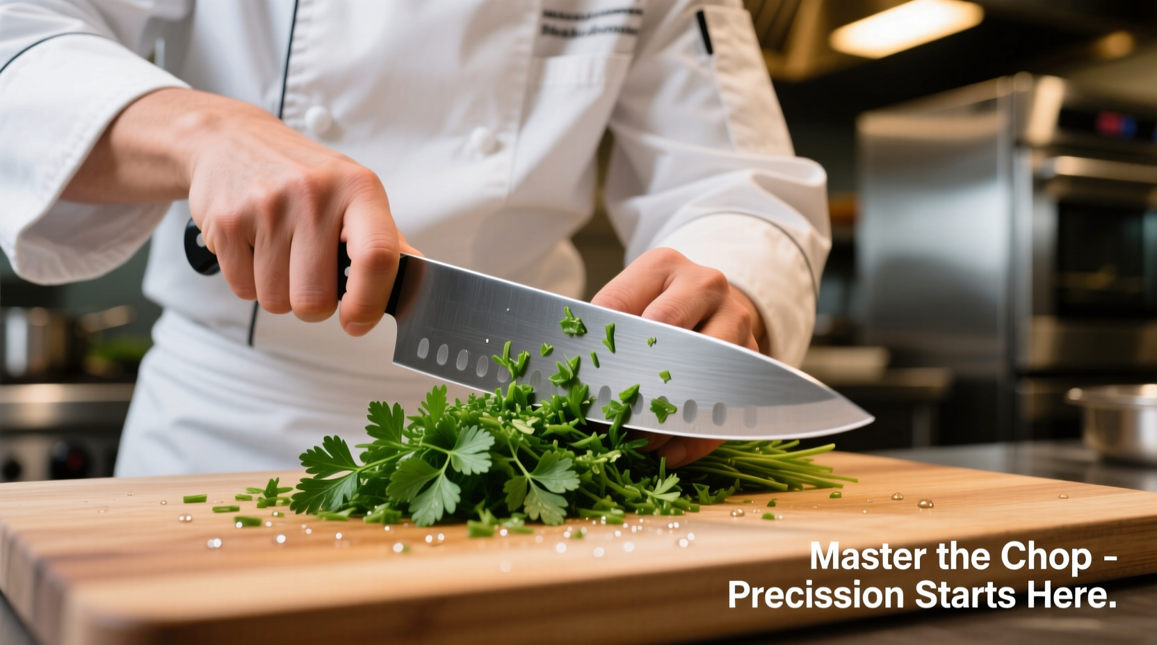 Chef demonstrating proper parsley chopping technique with sharp knife