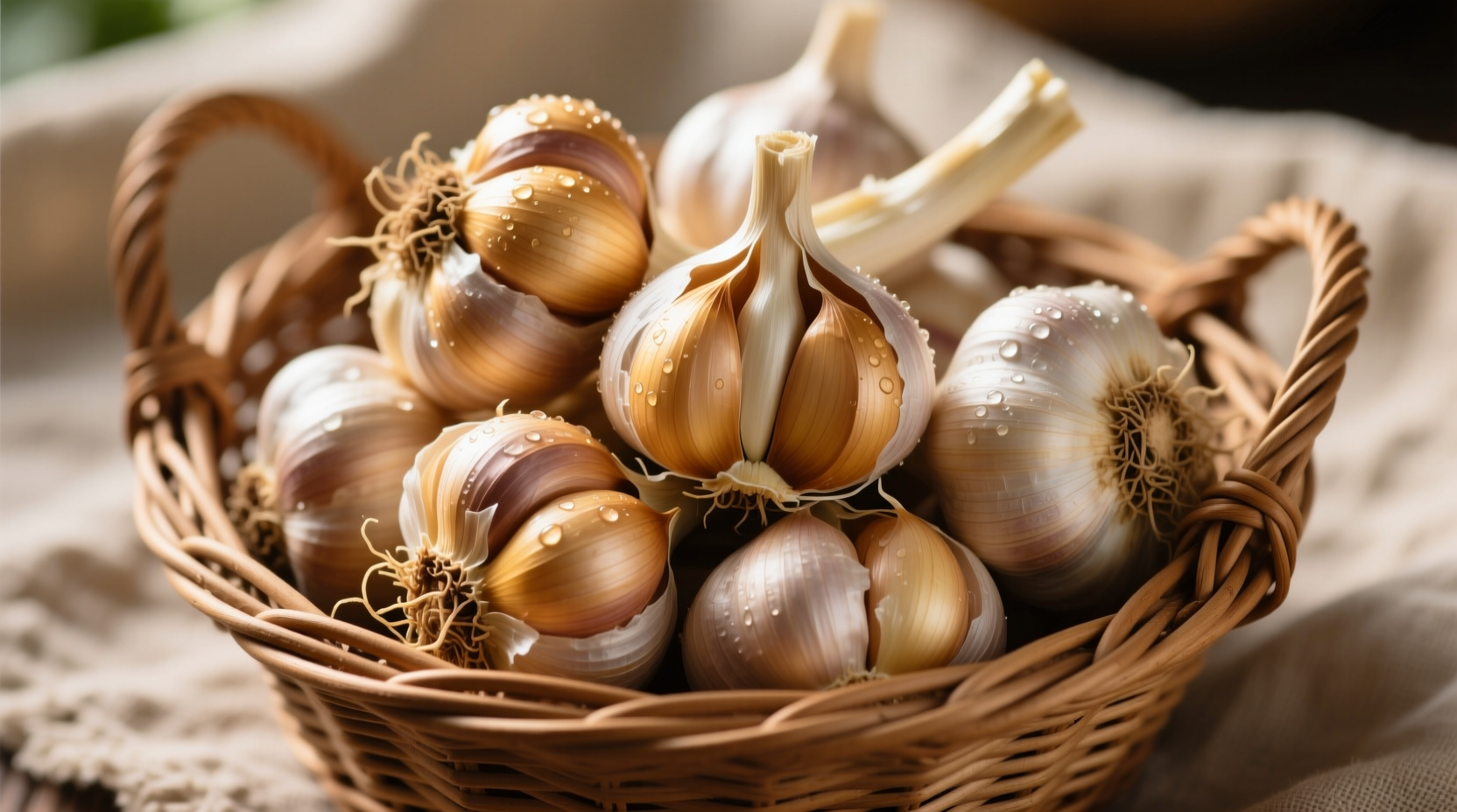 Fresh garlic bulbs in a wicker basket