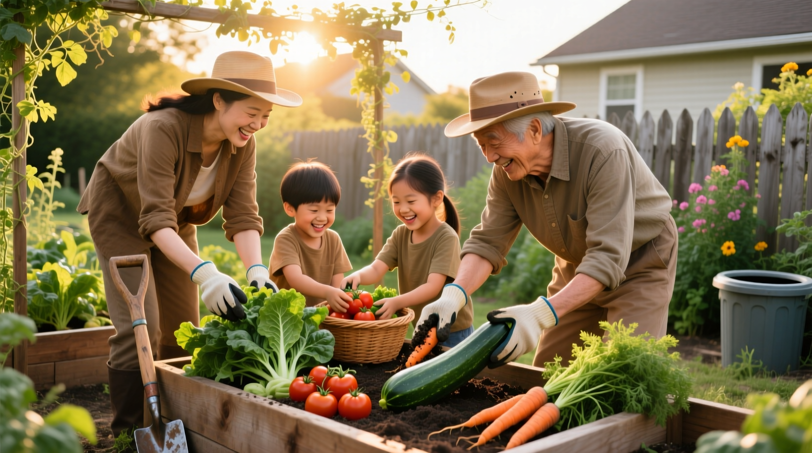 Family harvesting fresh vegetables from backyard garden