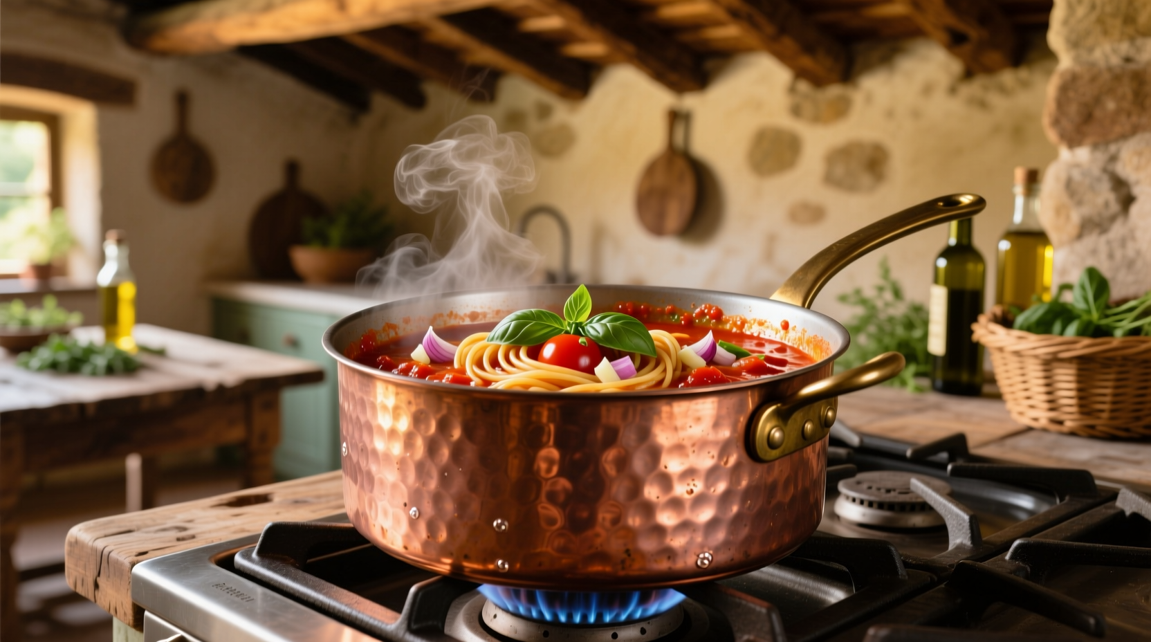 Fresh tomato spaghetti sauce simmering in copper pot