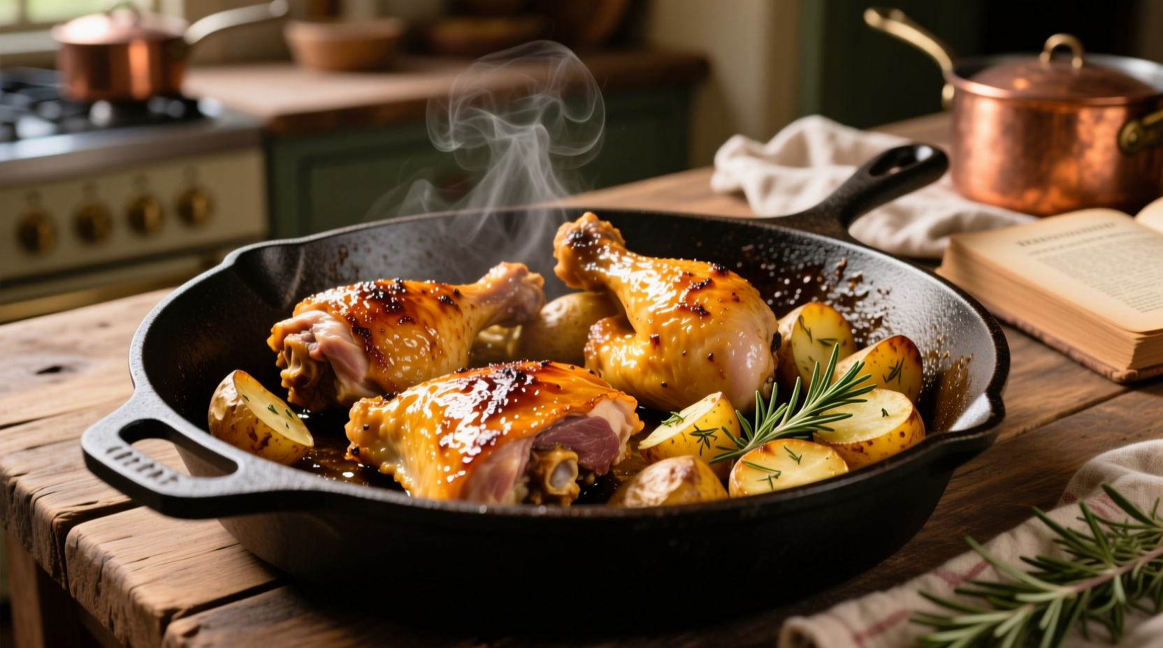 Golden roasted chicken thighs with crispy potatoes in cast iron skillet