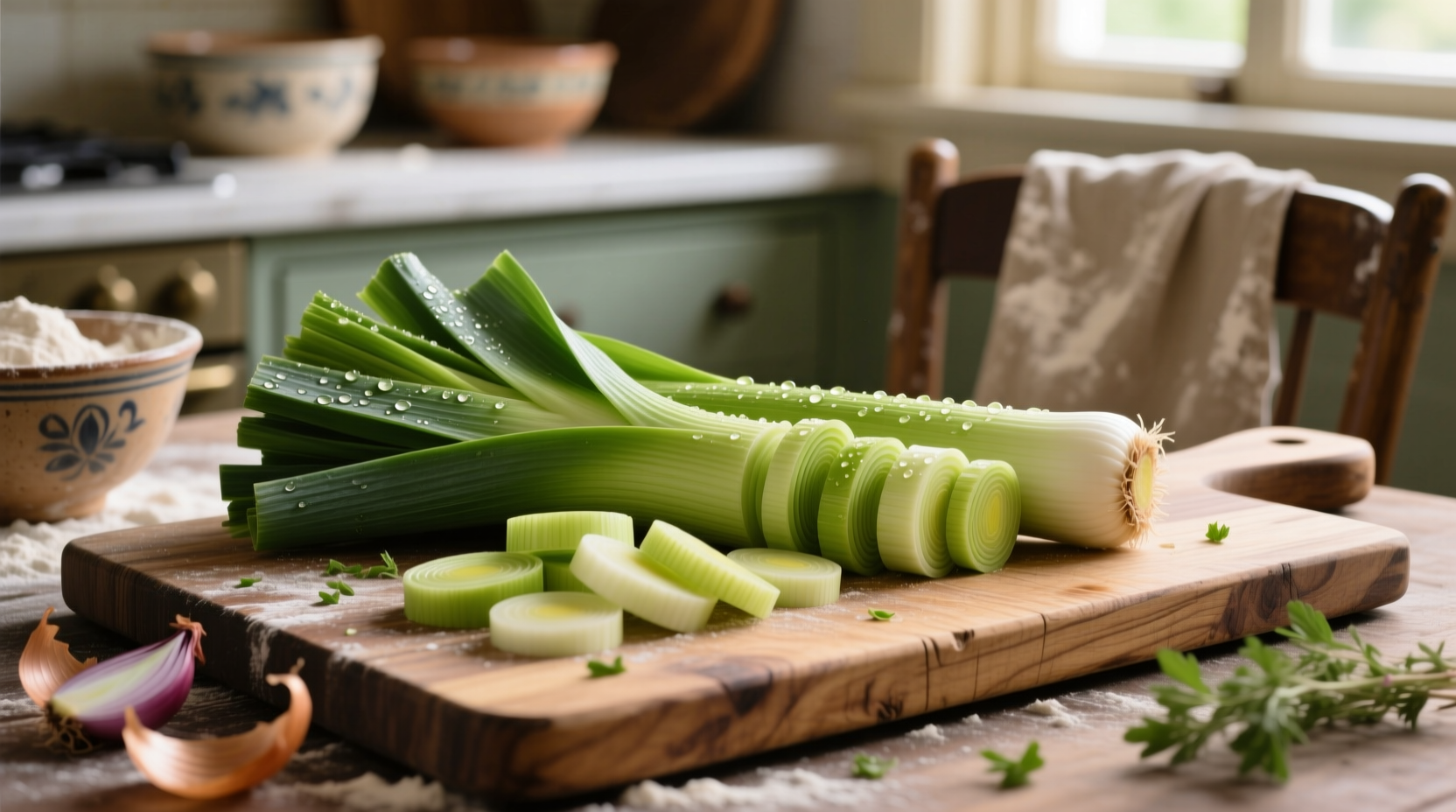 Fresh leeks prepared for bakery use on wooden cutting board