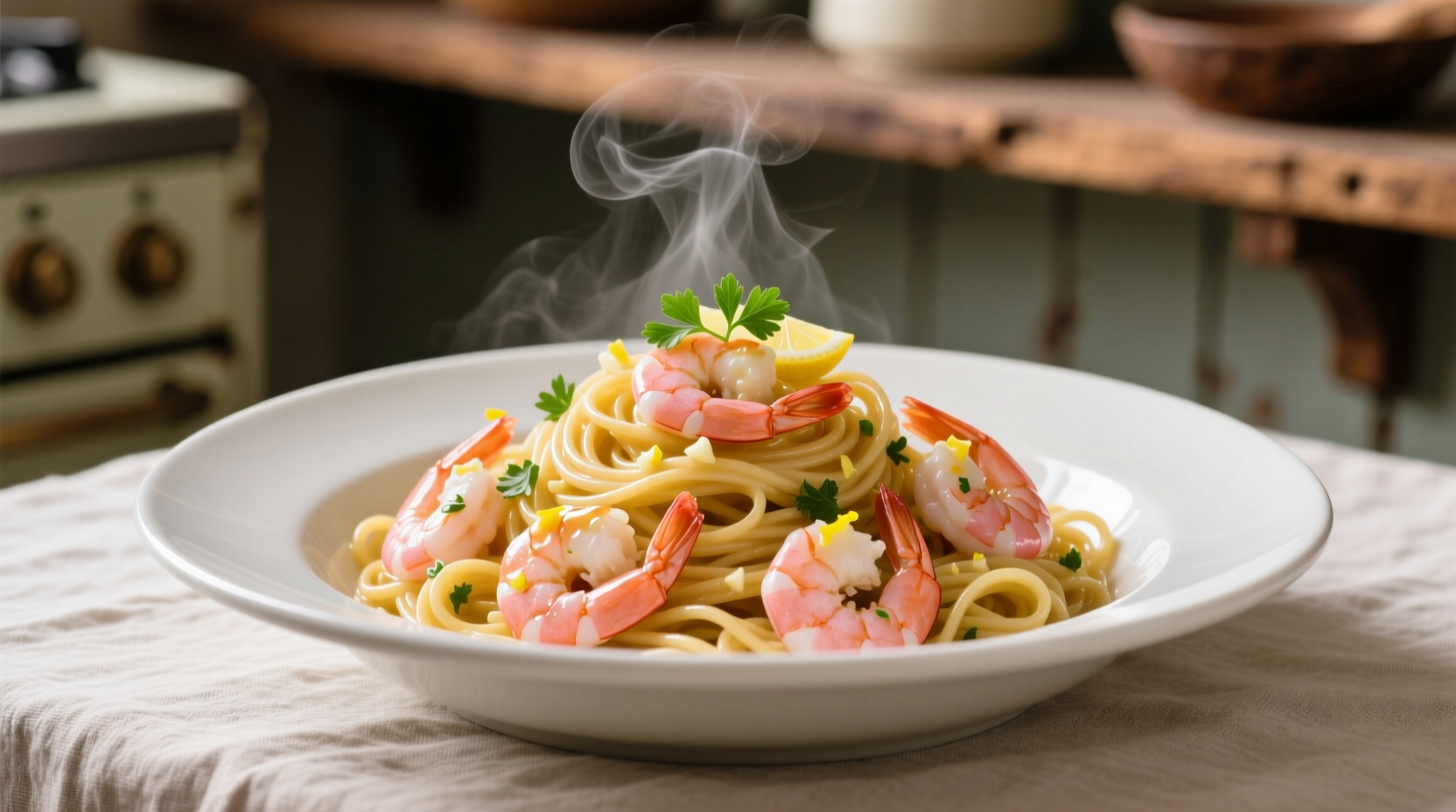 Butter garlic shrimp spaghetti in white bowl