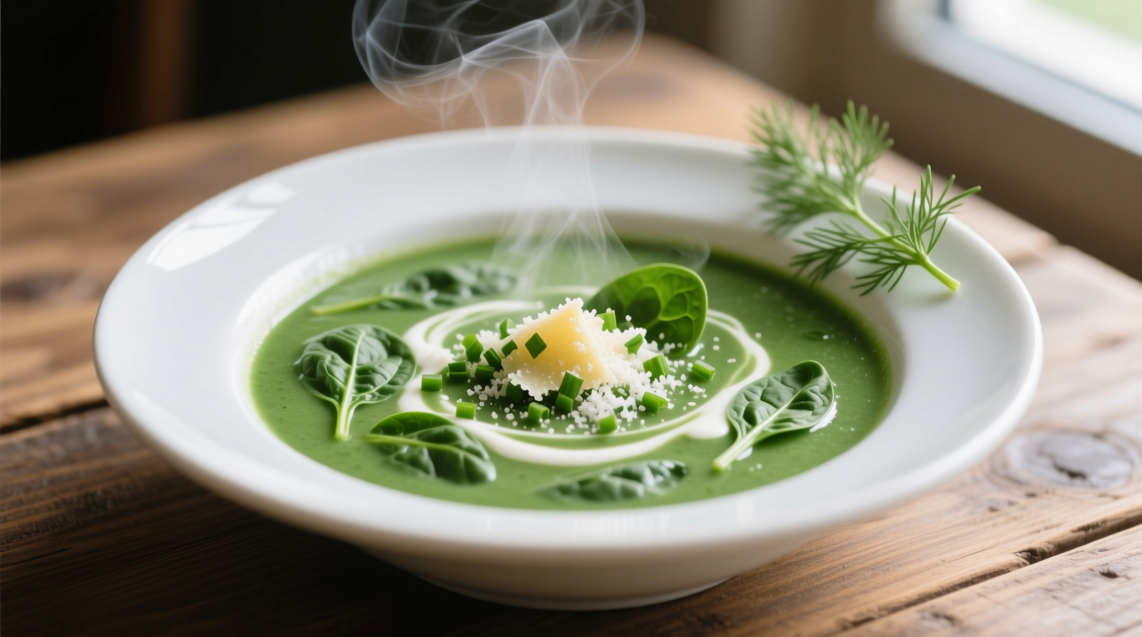 Fresh spinach soup in white bowl with garnish