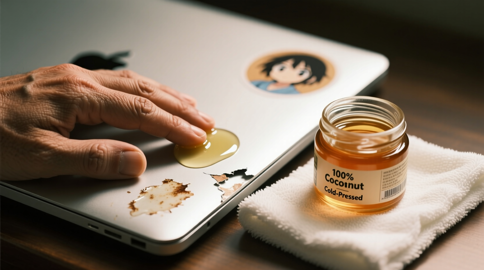 Close-up photo of a hand applying coconut oil to a corner of a silver laptop lid with visible anime sticker residue, next to a clean microfiber cloth and a small glass jar of virgin coconut oil