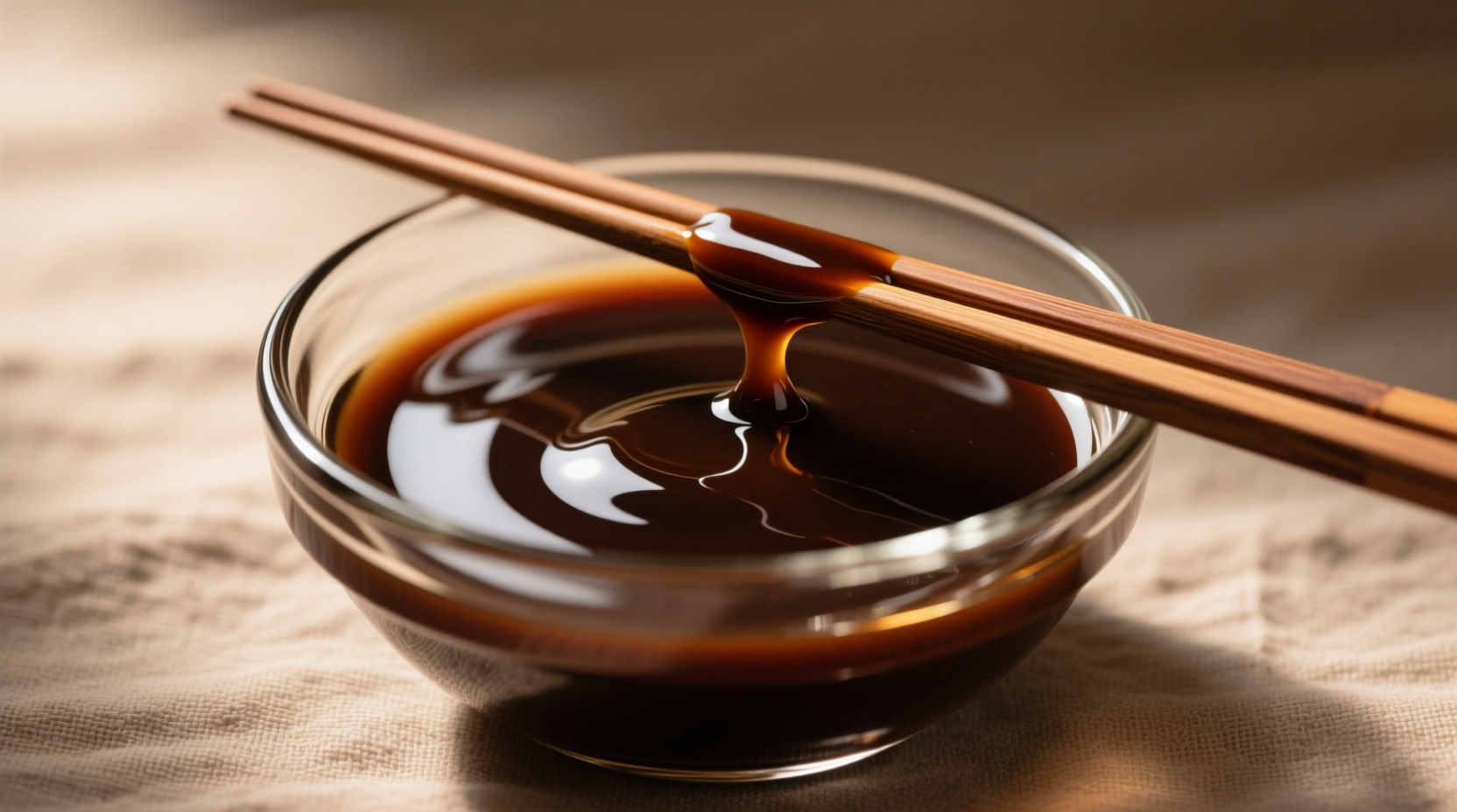 Dark brown hoisin sauce in glass bowl with chopsticks