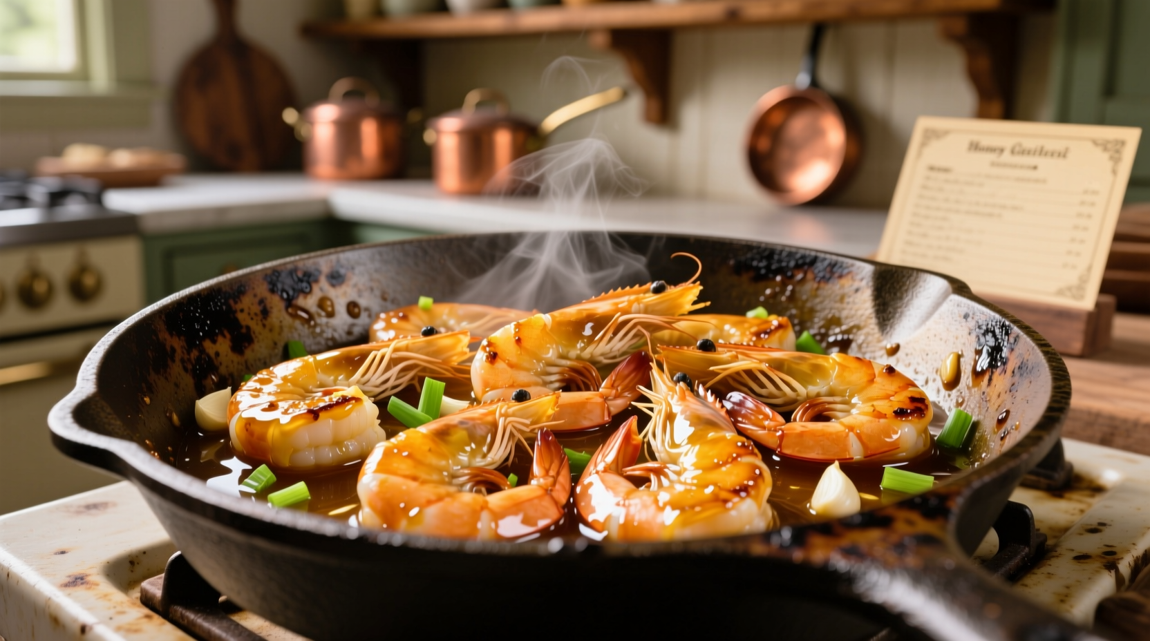 Golden honey garlic shrimp in cast iron skillet