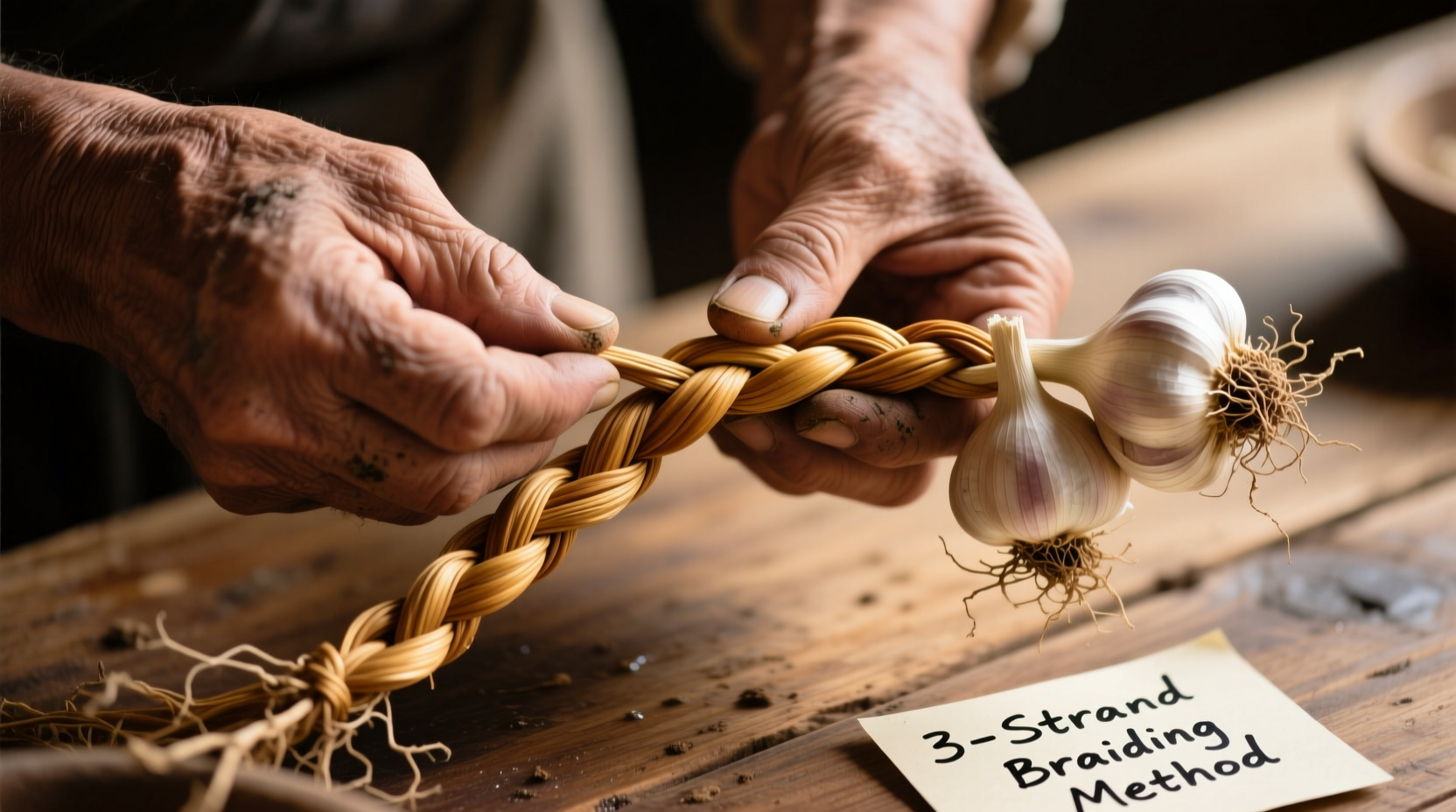 Hands demonstrating garlic braiding technique with three strands