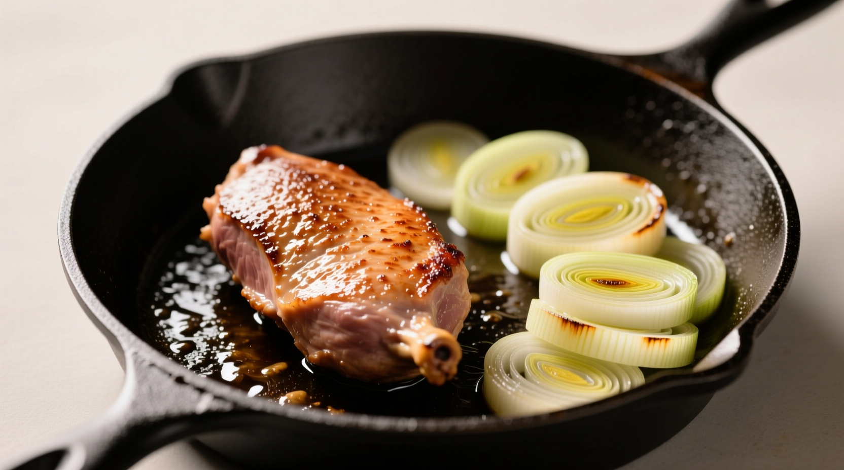 Duck breast searing in pan with translucent leeks, showing proper layering technique
