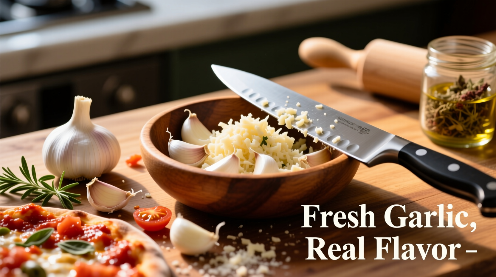 Fresh garlic cloves in pizza sauce preparation