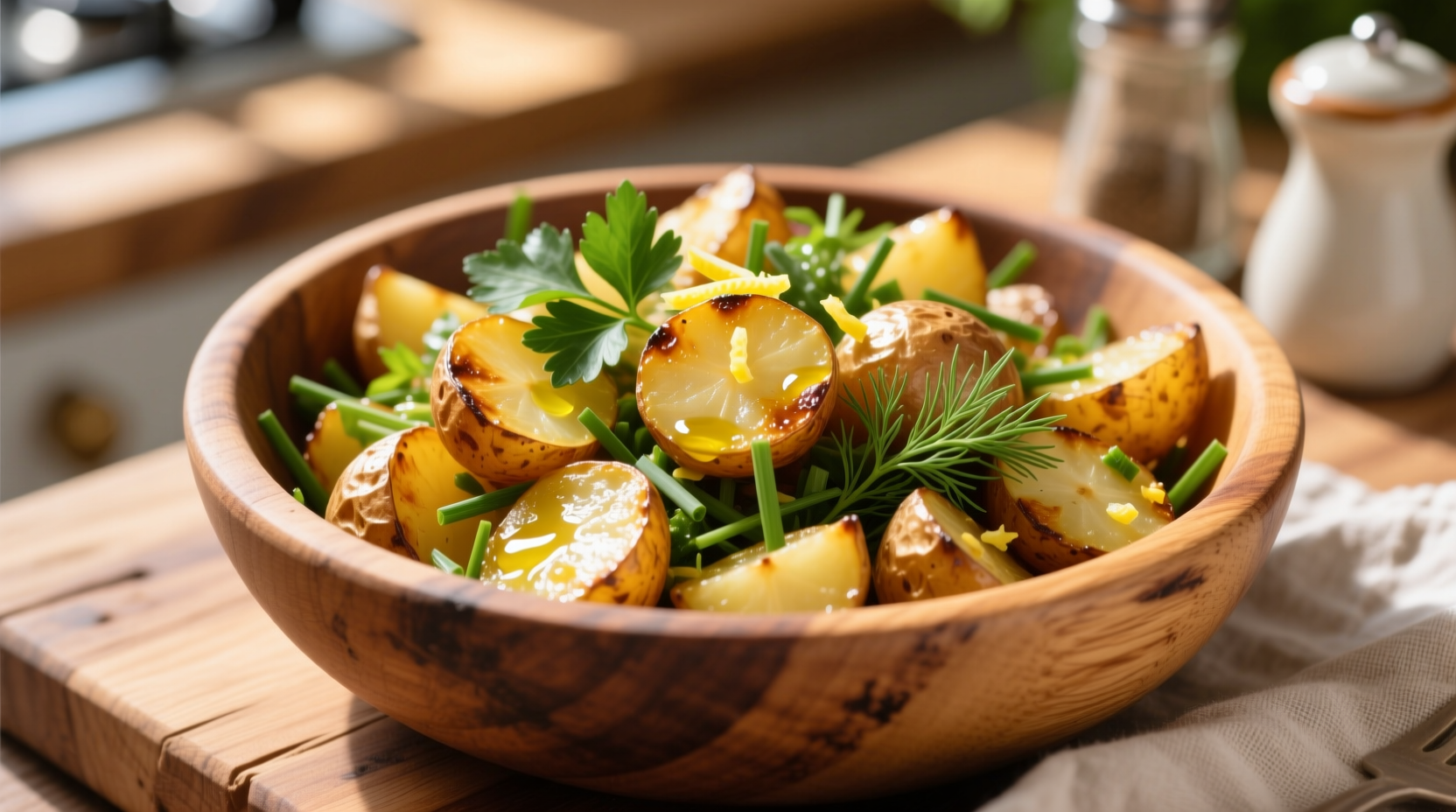 Golden roasted potato salad in wooden bowl with fresh herbs