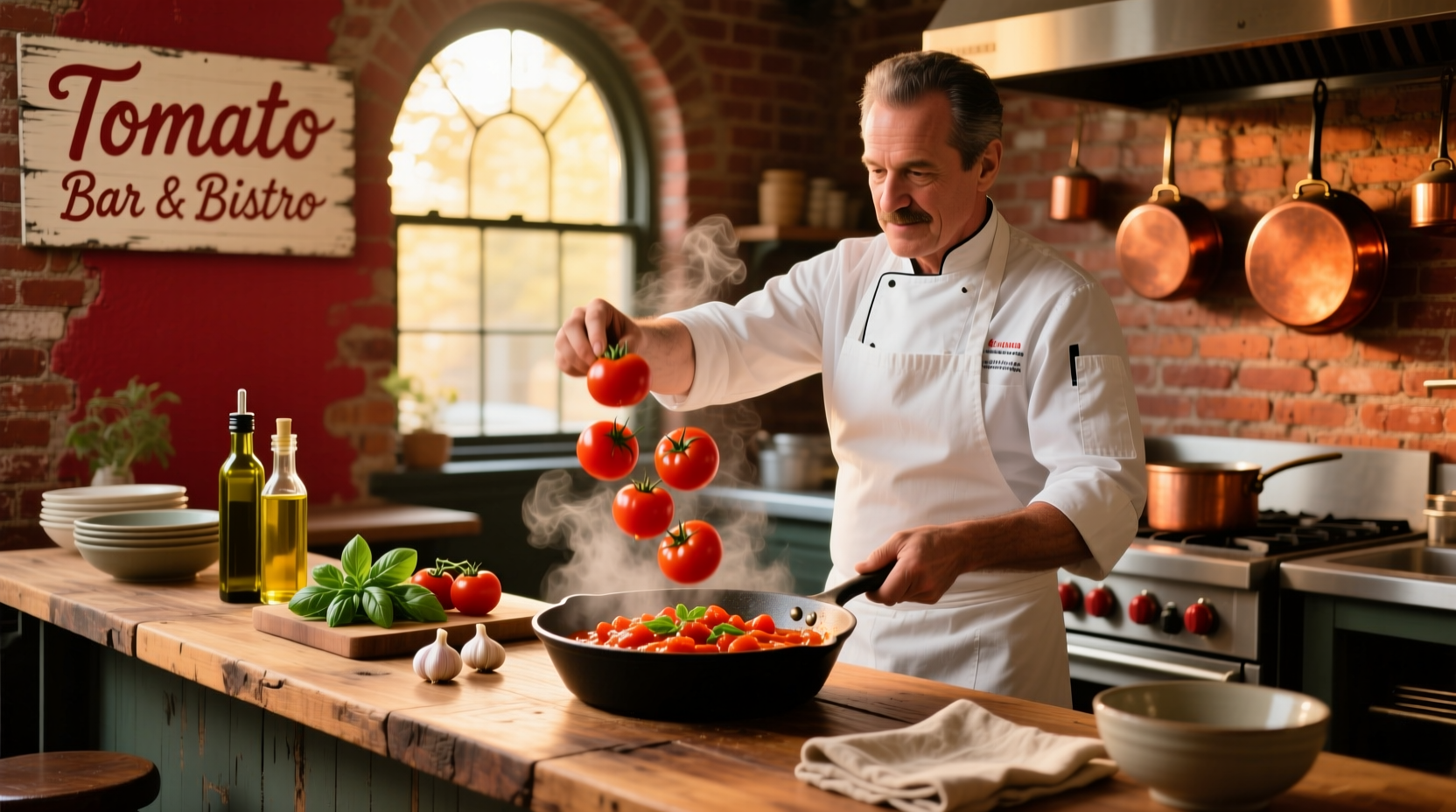 Chef preparing tomato-based dish at Tomato Bar & Bistro
