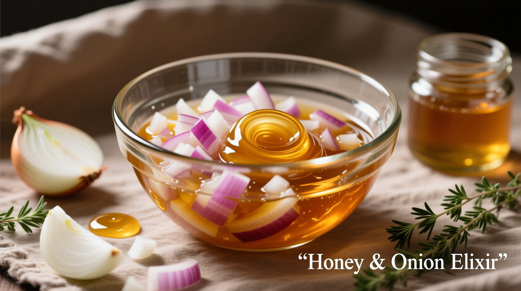 Onion and honey mixture in glass bowl with fresh ingredients