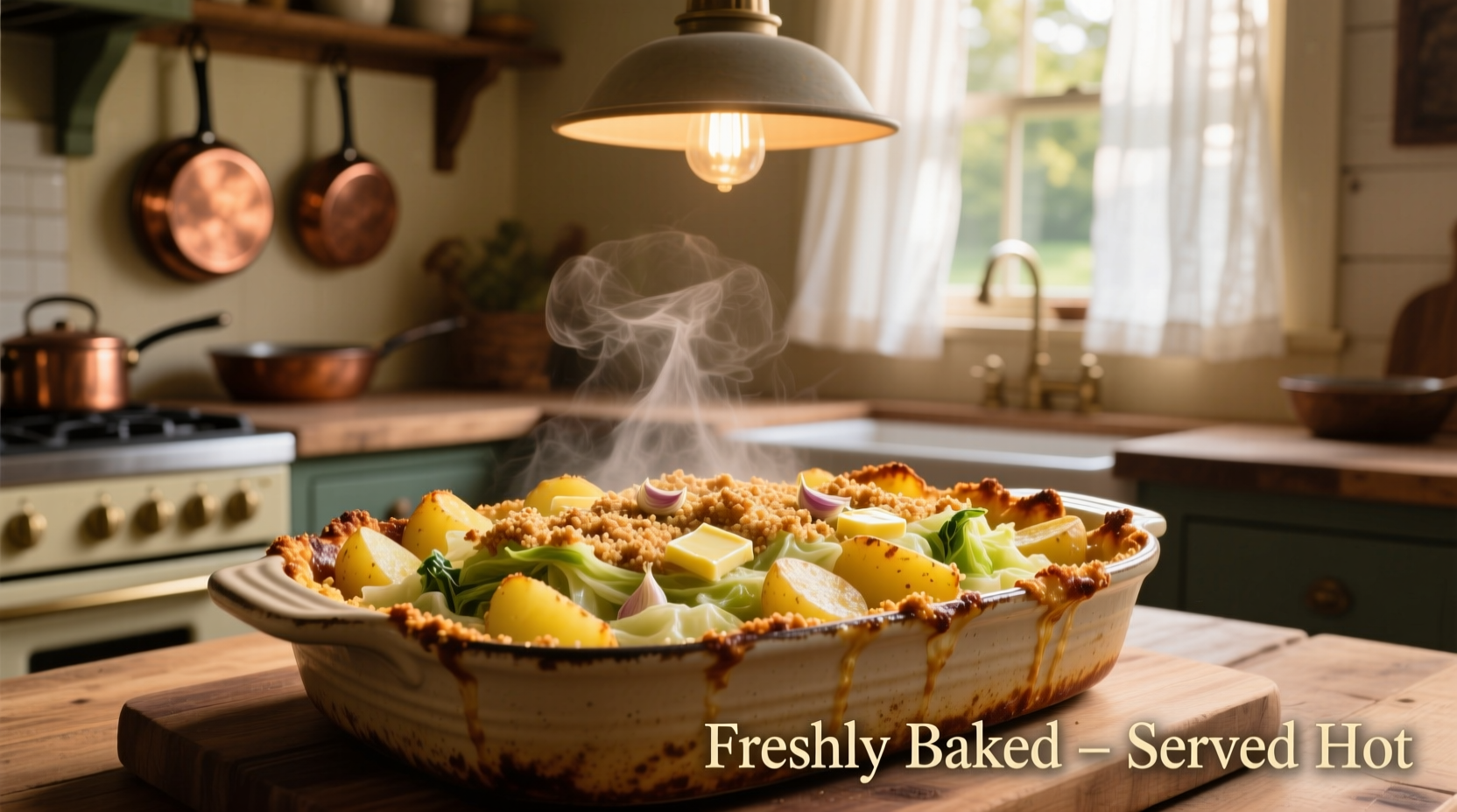 Golden potato and cabbage casserole fresh from oven