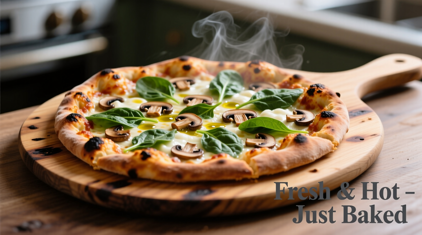 Perfect spinach and mushroom pizza on wooden peel