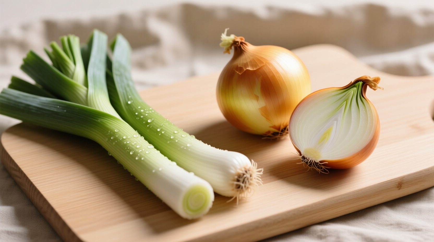 Fresh leeks and onions side by side comparison