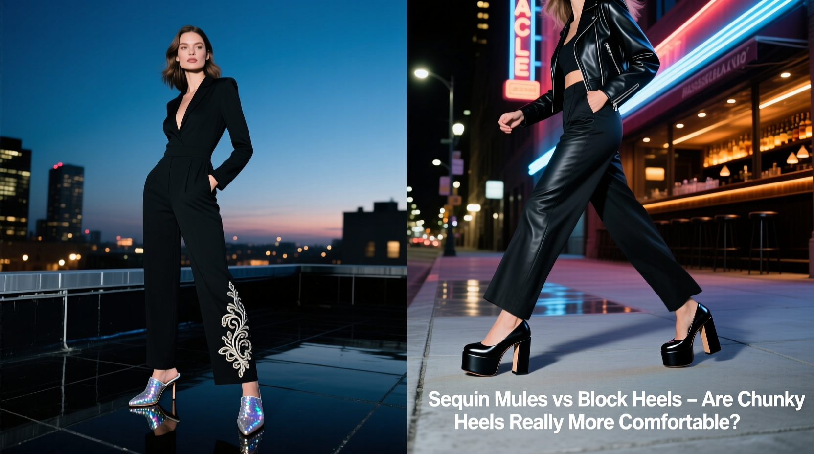 sequin mules vs block heels are those chunky heels really more comfy for a night out