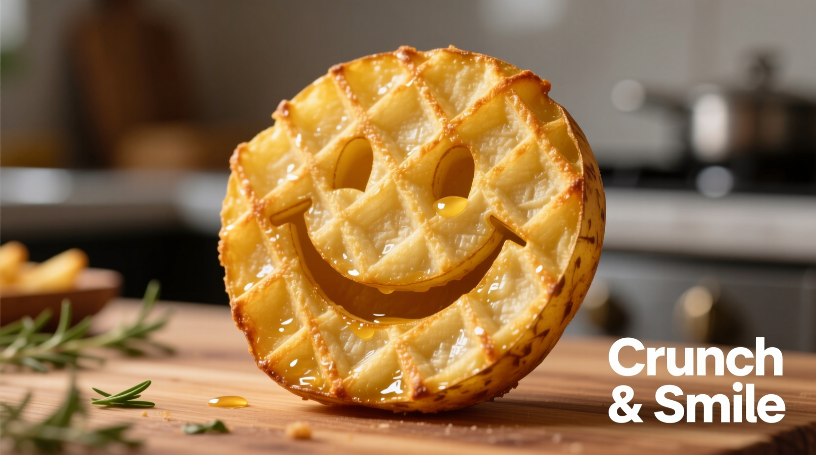 Close-up of golden smiley potato fries showing distinctive grid pattern