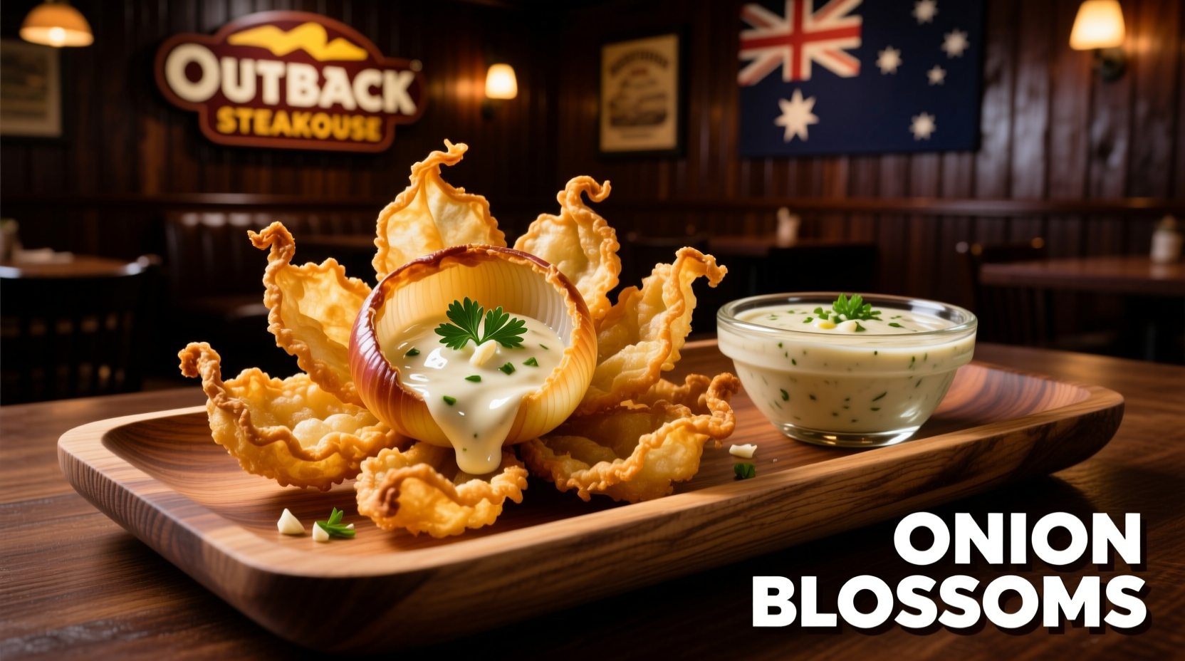 Outback Steakhouse Onion Blossom served with dipping sauce