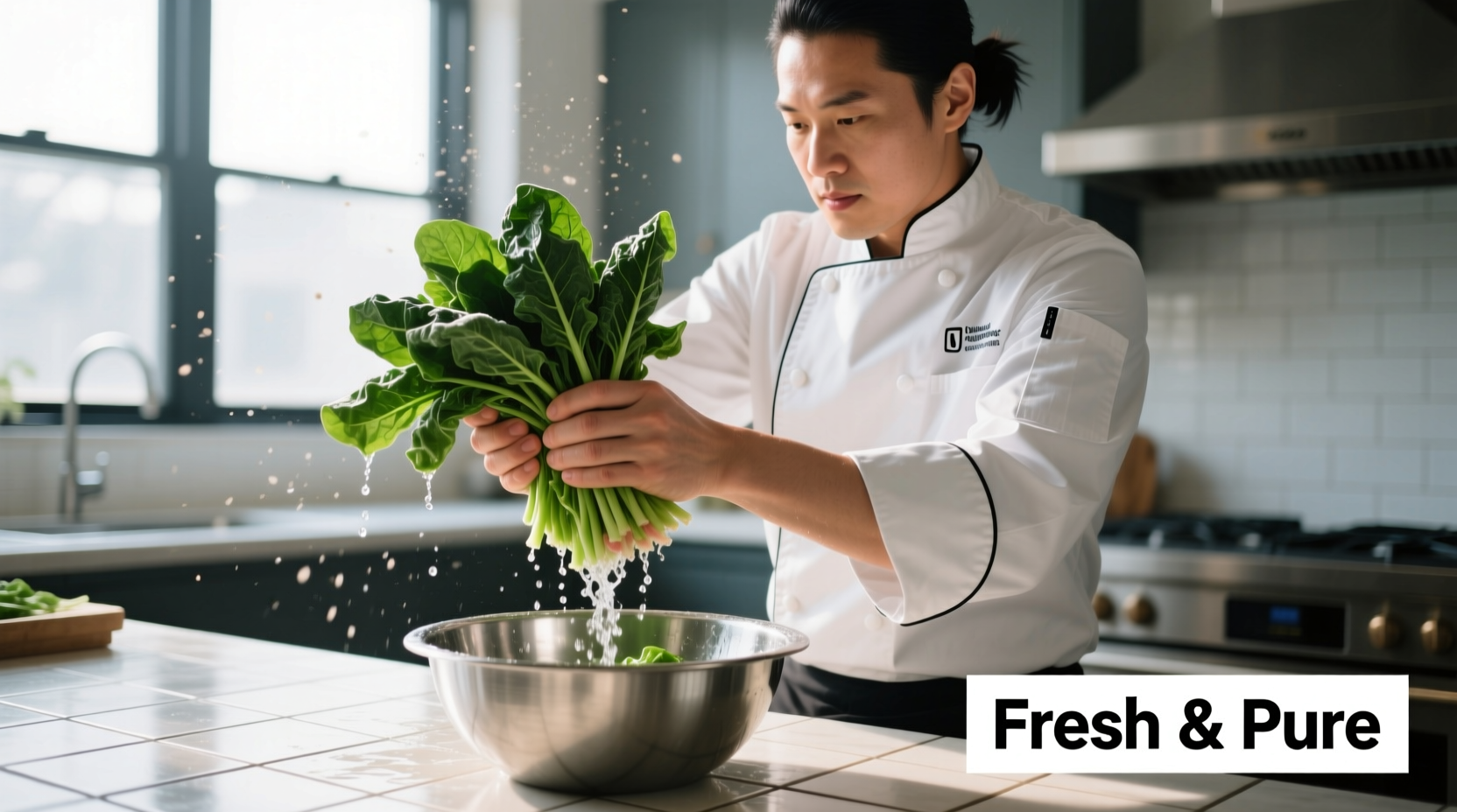 Chef squeezing water from thawed spinach