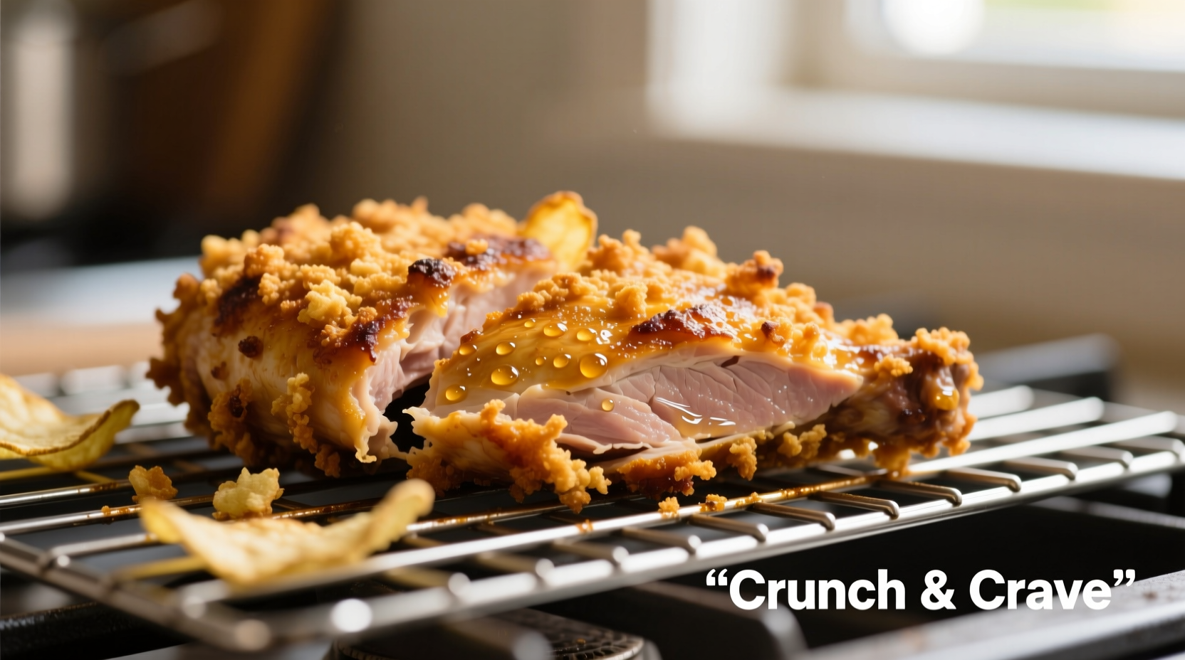 Golden brown potato chip crusted chicken on wire rack