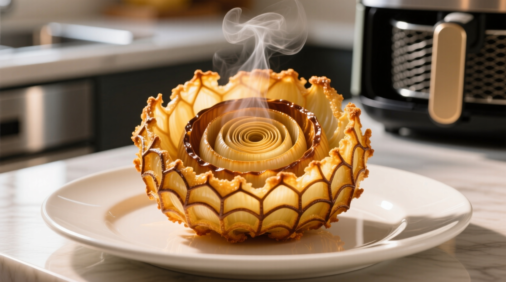 Perfectly golden blooming onion fresh from the air fryer basket