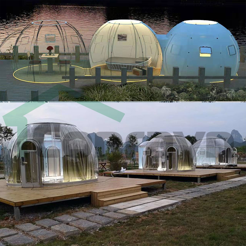2020 时尚圆顶明星视图玻璃小屋平板包流行户外 pc 玻璃荚模块化透明