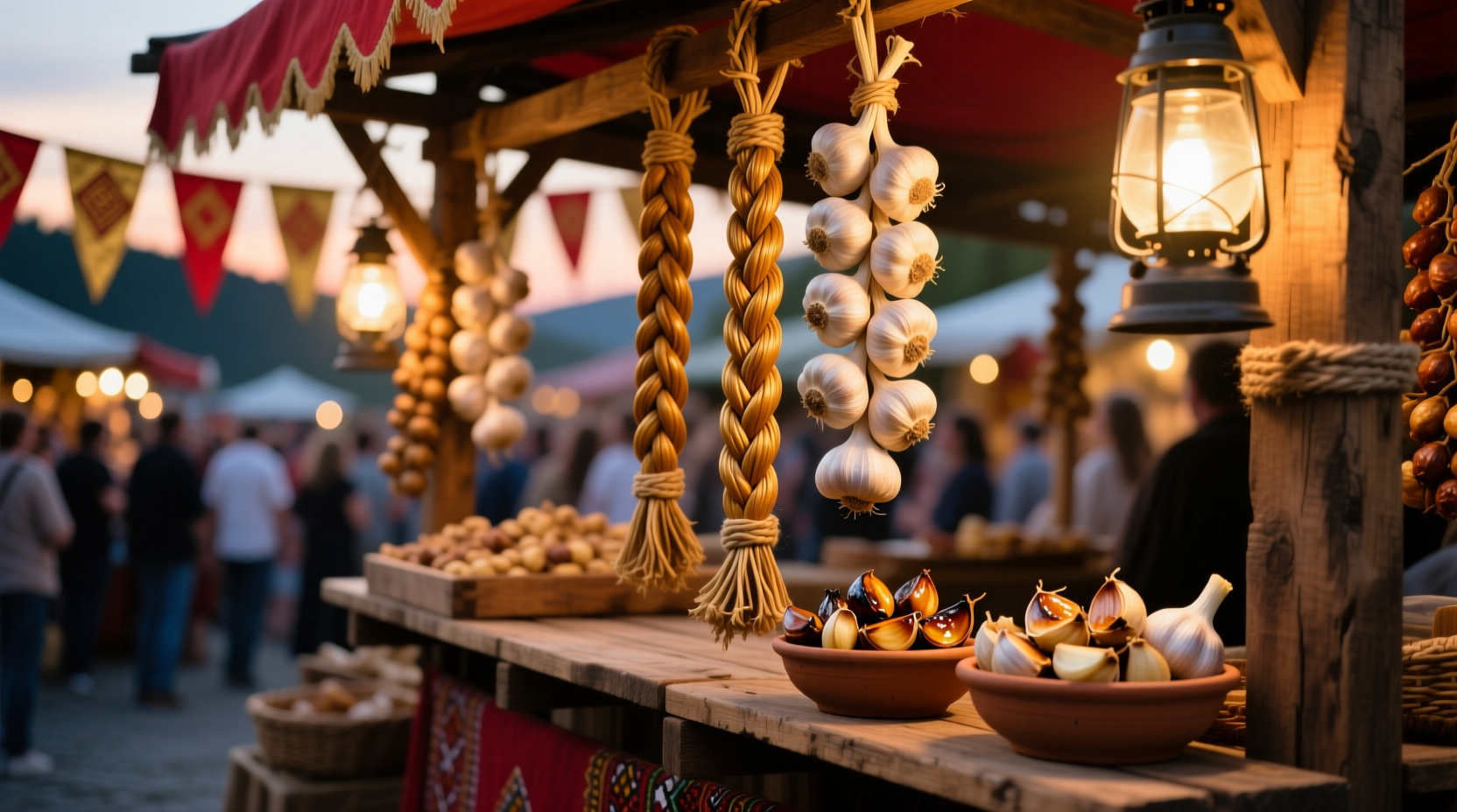 Garlic braids and roasted garlic cloves at festival