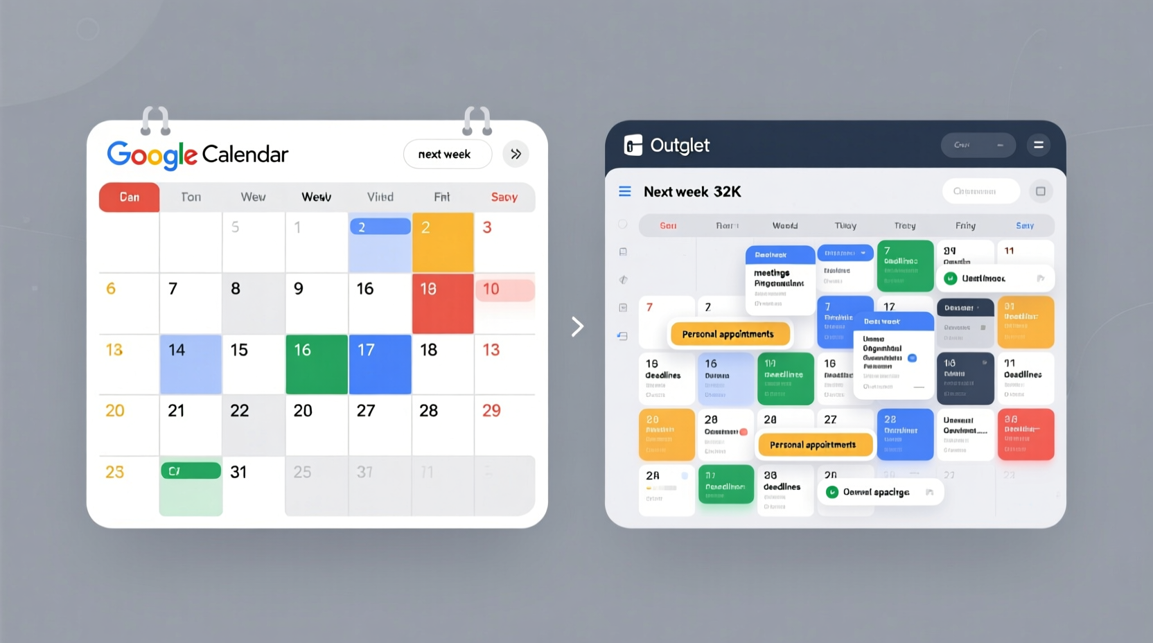 Side-by-side comparison showing a Google Calendar view with clean, high-contrast color blocks next to an Outlook calendar cluttered with overlapping text labels and inconsistent formatting