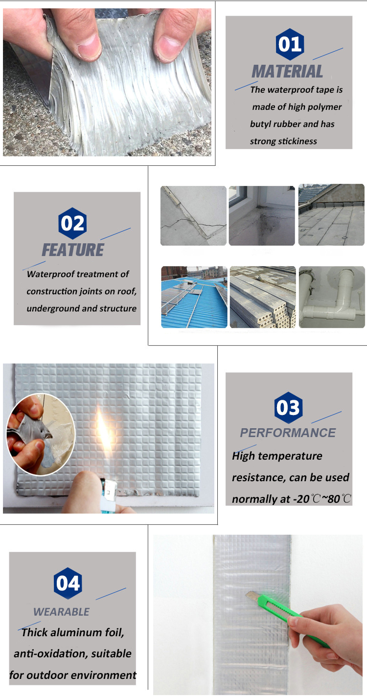 Outdoor Flashing Roof Rubber Sealing Repair Roof Tape Waterproof Aluminum Foil Butyl Tape
